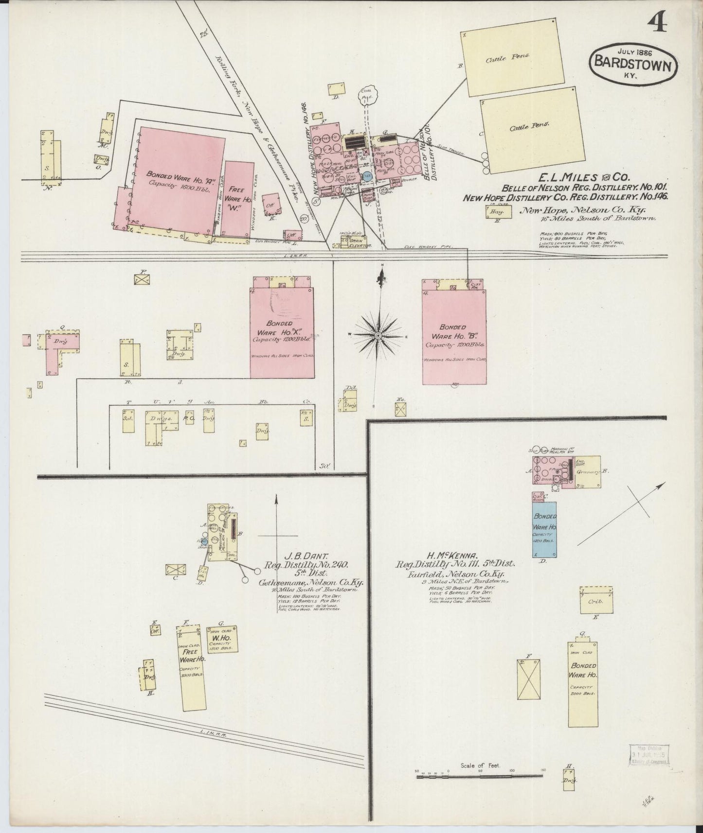 Sanborn Fire Insurance Map from Bardstown, Nelson County, Kentucky (1886), Sheet #0004 - Historic Sanborn Fire Insurance Map Print, vintage old map wall art, antique decor, genealogy gift, Kentucky Kentucky map