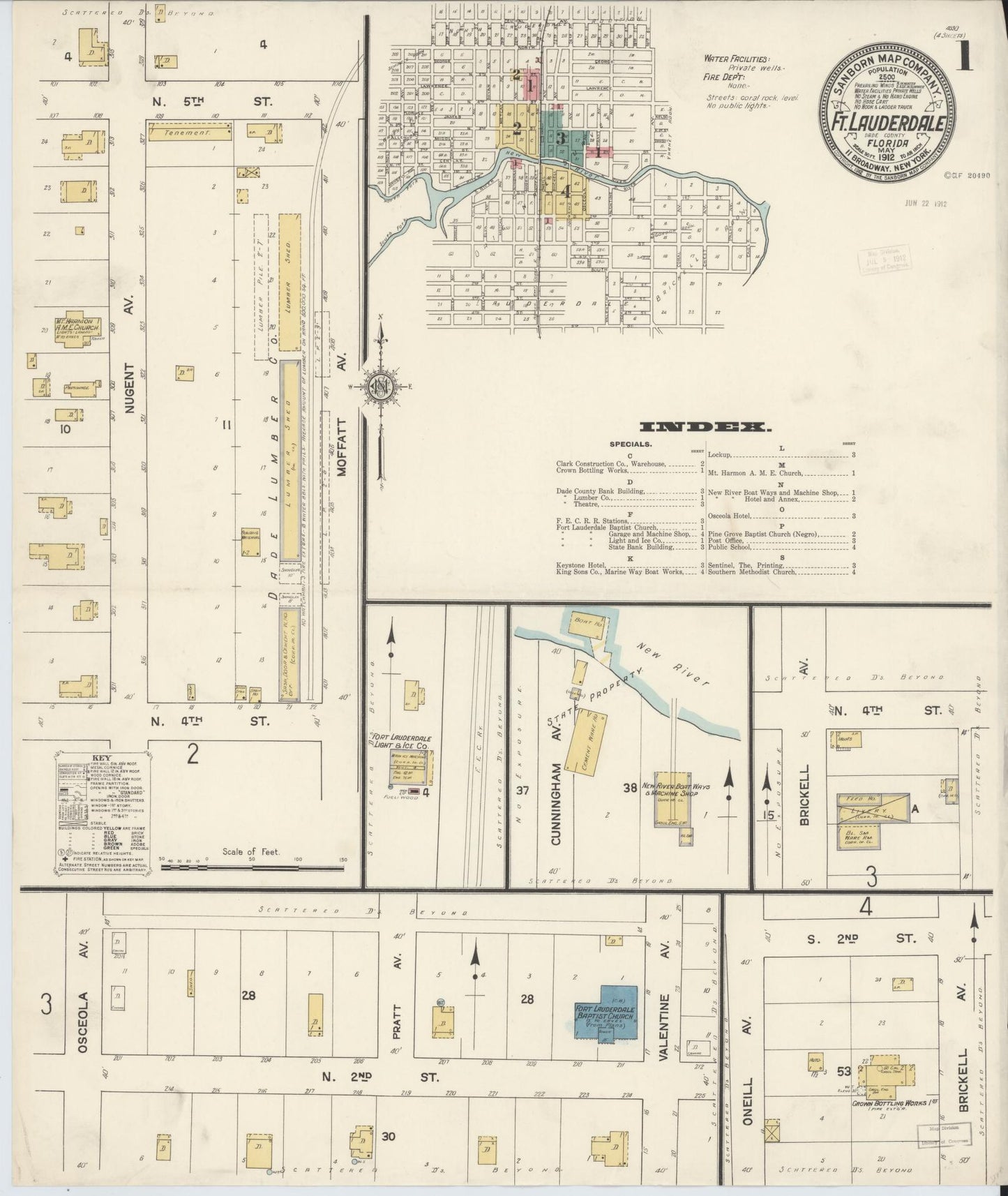 Sanborn Fire Insurance Map from Fort Lauderdale, Broward County, Florida (1912), Sheet #0001 - Historic Sanborn Fire Insurance Map Print, vintage old map wall art, antique decor, genealogy gift, Florida Florida map