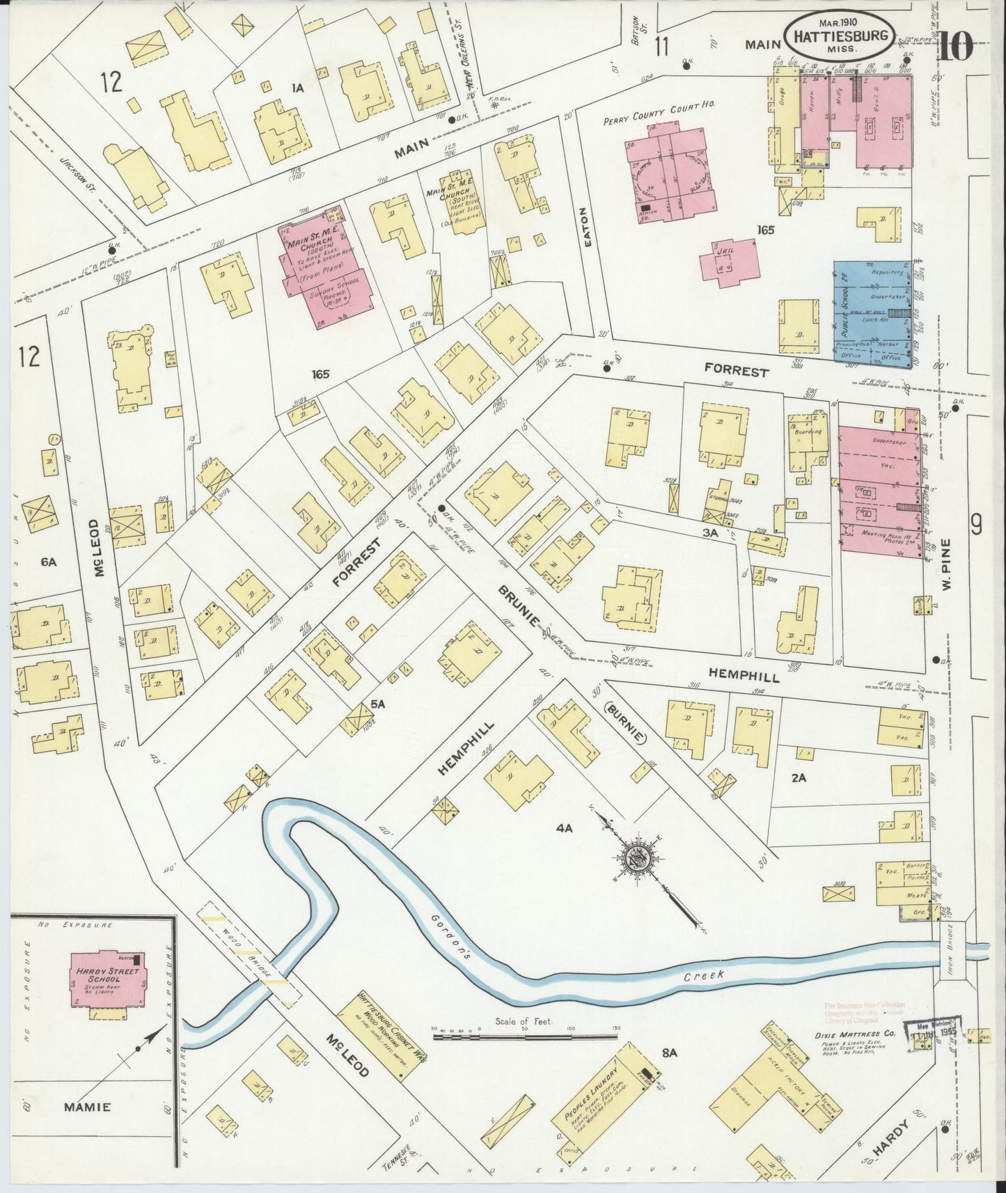 Sanborn Fire Insurance Map from Hattiesburg, Forrest County, Mississippi (1910), Sheet #0010 - Historic Sanborn Fire Insurance Map Print, vintage old map wall art, antique decor, genealogy gift, Mississippi Mississippi map