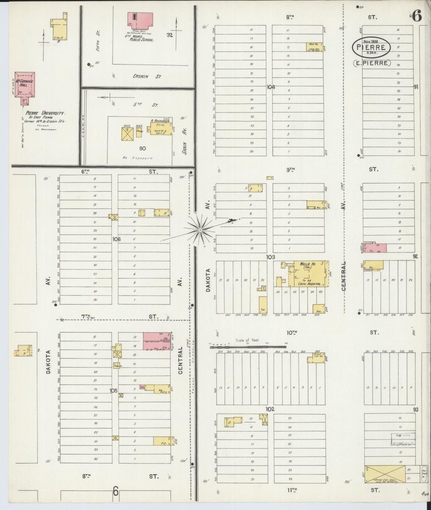 Sanborn Fire Insurance Map from Pierre, Hughes County, South Dakota (1898), Sheet #0006 - Historic Sanborn Fire Insurance Map Print, vintage old map wall art, antique decor, genealogy gift, South Dakota South Dakota map