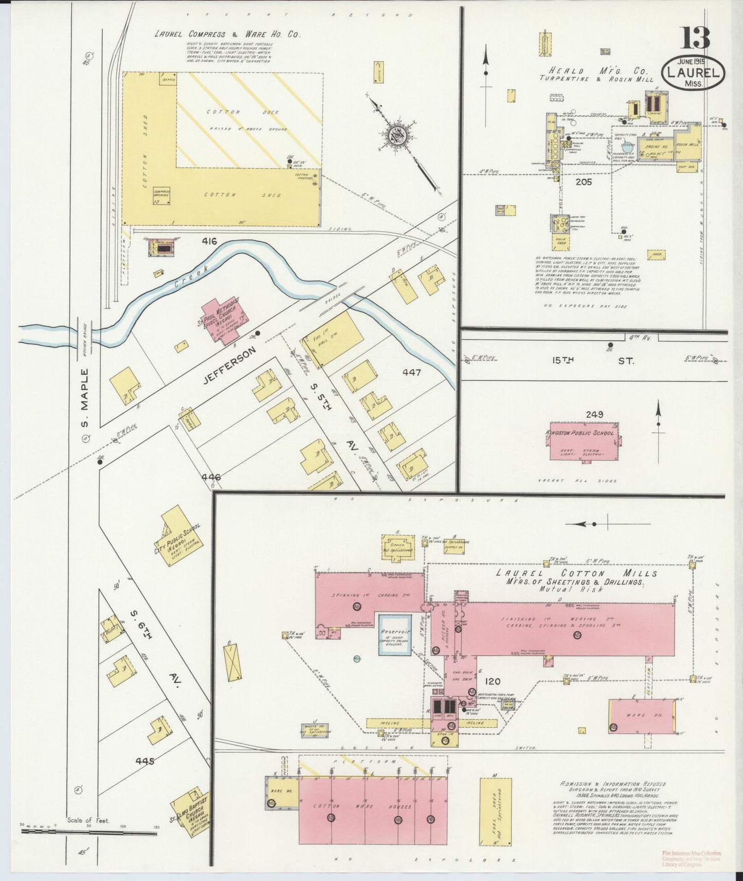 Sanborn Fire Insurance Map from Laurel, Jones County, Mississippi (1915), Sheet #0013 - Historic Sanborn Fire Insurance Map Print, vintage old map wall art, antique decor, genealogy gift, Mississippi Mississippi map