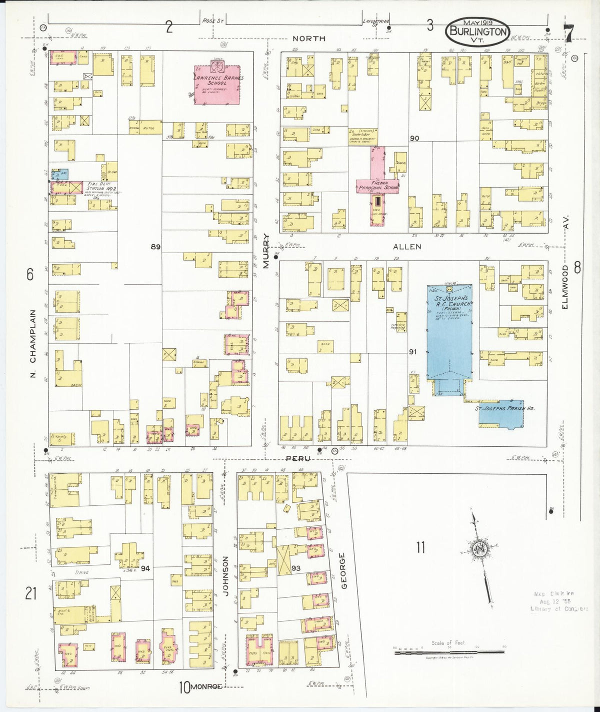 Sanborn Fire Insurance Map from Burlington, Chittenden County, Vermont (1919), Sheet #0007 - Historic Sanborn Fire Insurance Map Print, vintage old map wall art, antique decor, genealogy gift, Vermont Vermont map