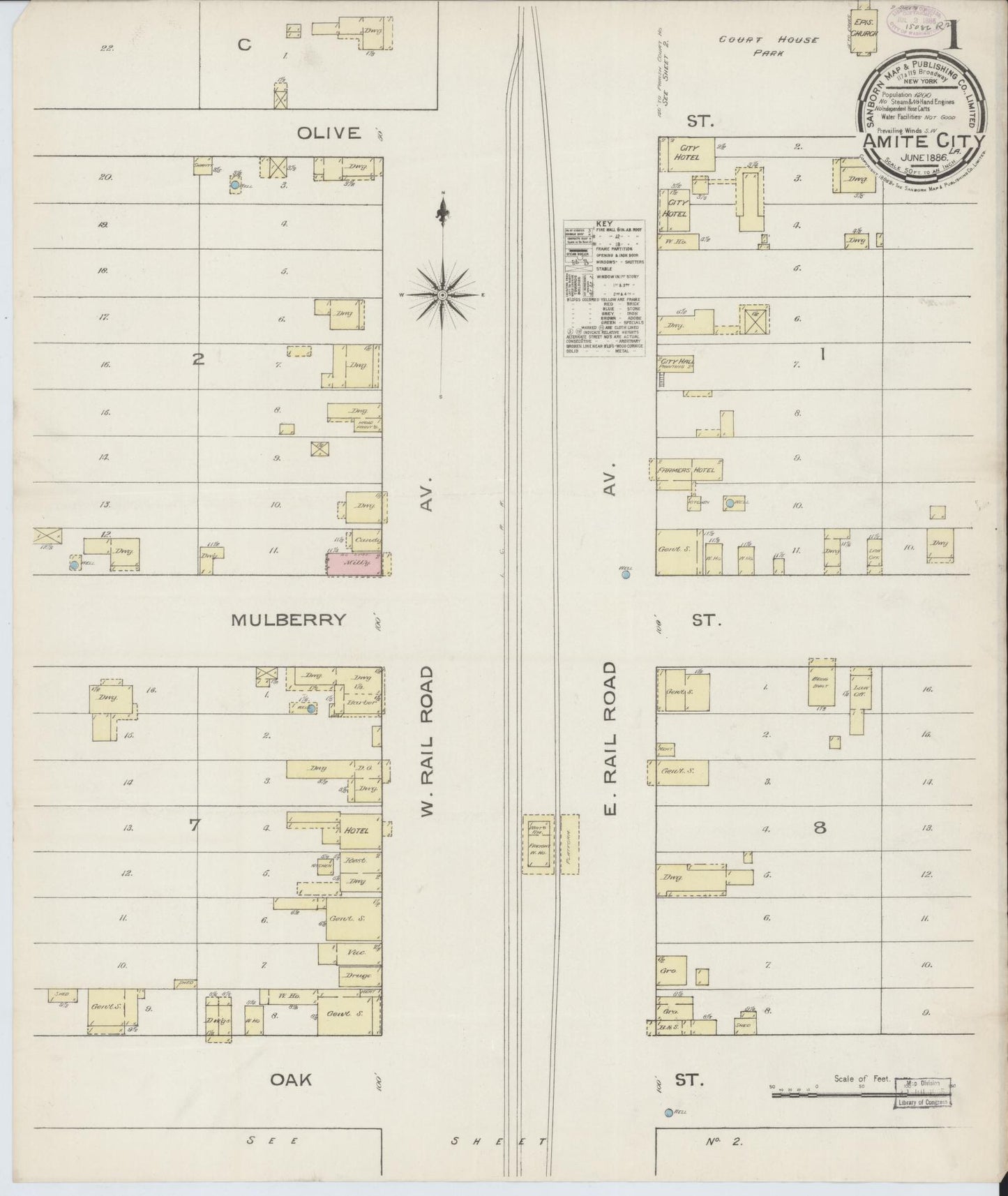 Sanborn Fire Insurance Map from Amite, Tangipahoa Parish, Louisiana (1886), Sheet #0001 - Historic Sanborn Fire Insurance Map Print, vintage old map wall art, antique decor, genealogy gift, Louisiana Louisiana map