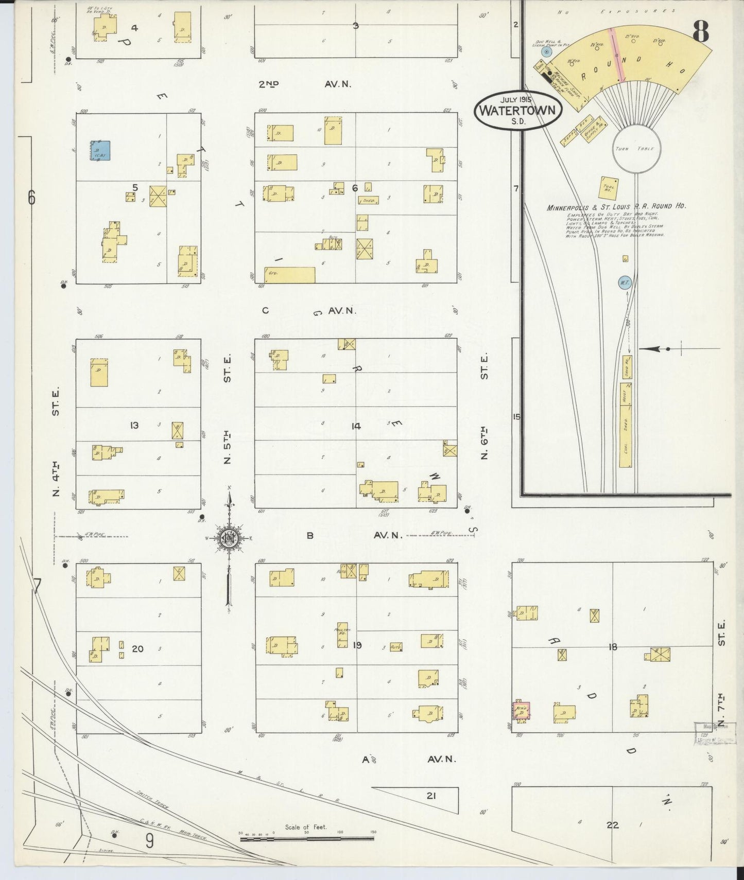 Sanborn Fire Insurance Map from Watertown, Codington County, South Dakota (1915), Sheet #0008 - Historic Sanborn Fire Insurance Map Print, vintage old map wall art, antique decor, genealogy gift, South Dakota South Dakota map