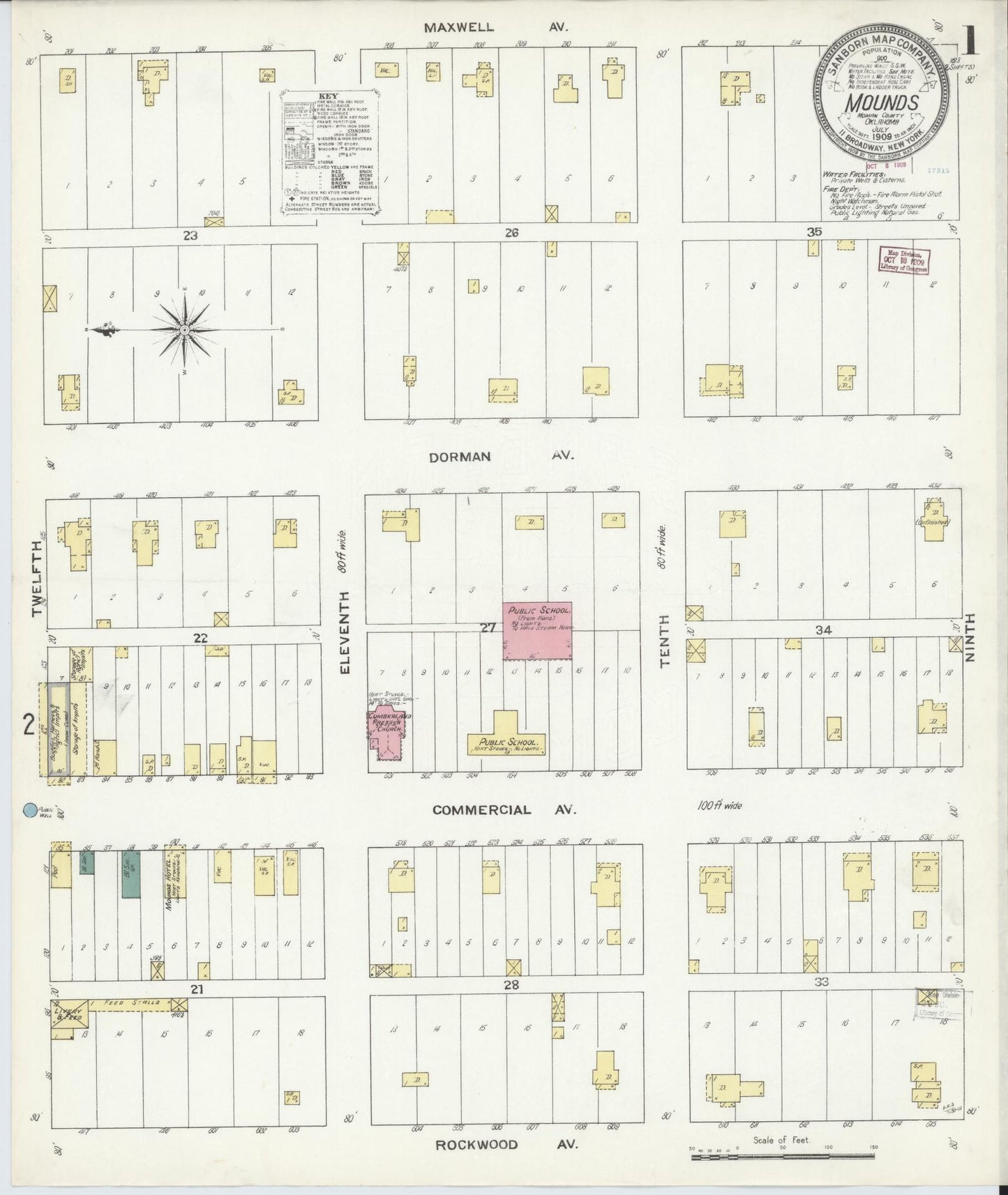 Sanborn Fire Insurance Map from Mounds, Creek County, Oklahoma (1909), Sheet #0001 - Historic Sanborn Fire Insurance Map Print, vintage old map wall art, antique decor, genealogy gift, Oklahoma Oklahoma map
