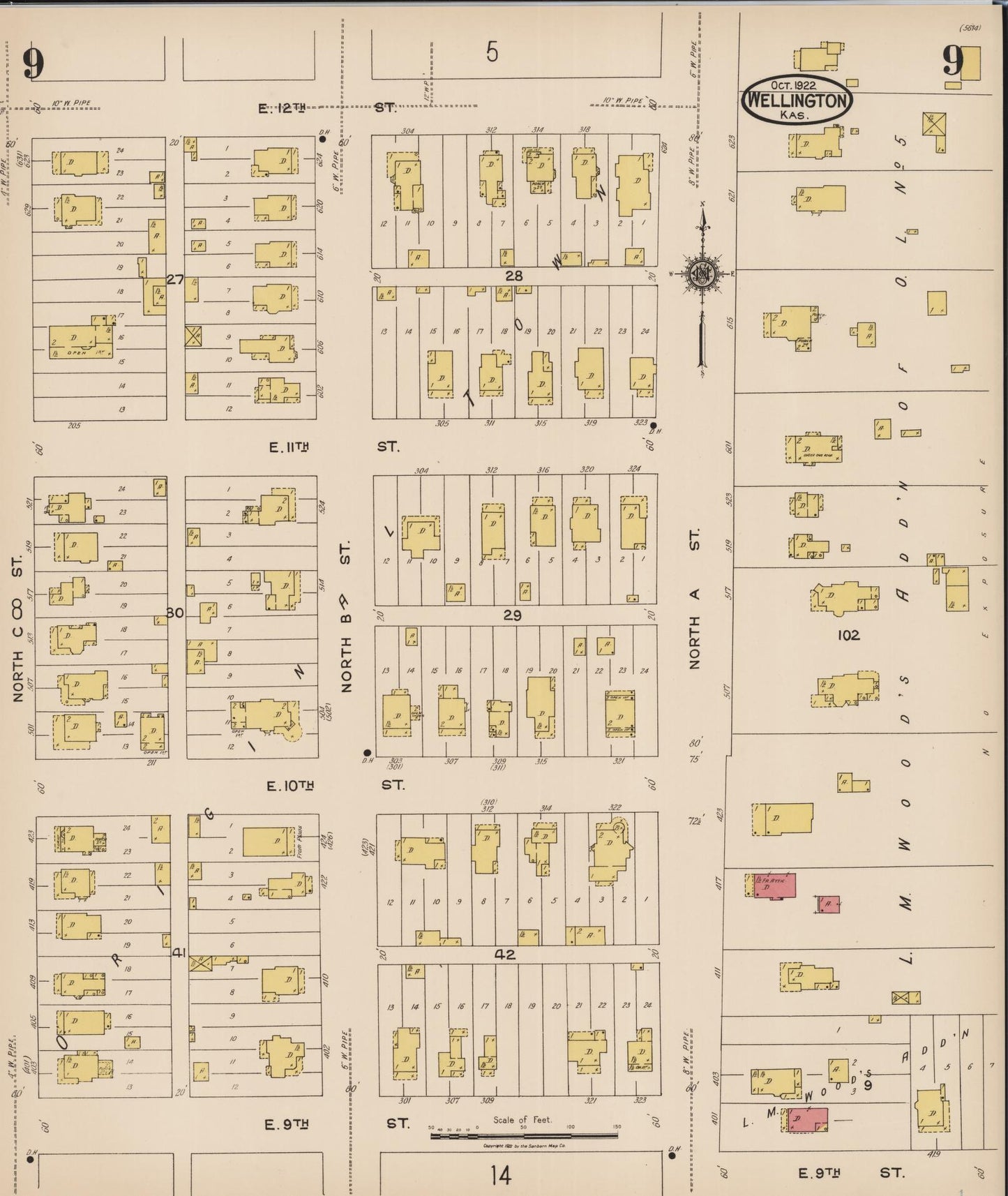 Sanborn Fire Insurance Map from Wellington, Sumner County, Kansas (1922), Sheet #0009 - Historic Sanborn Fire Insurance Map Print, vintage old map wall art, antique decor, genealogy gift, Kansas Kansas map