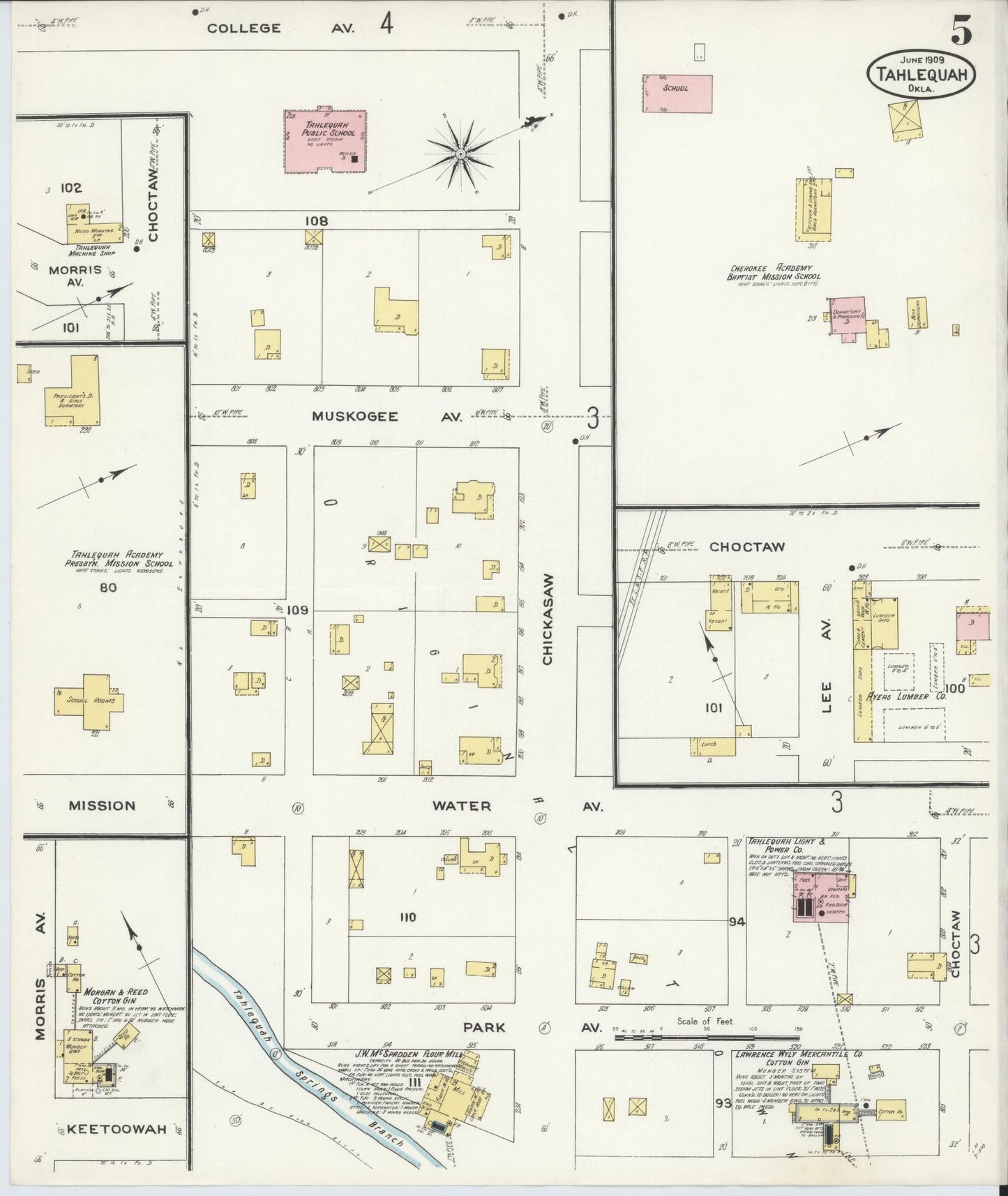 Sanborn Fire Insurance Map from Tahlequah, Cherokee County, Oklahoma (1909), Sheet #0005 - Historic Sanborn Fire Insurance Map Print, vintage old map wall art, antique decor, genealogy gift, Oklahoma Oklahoma map