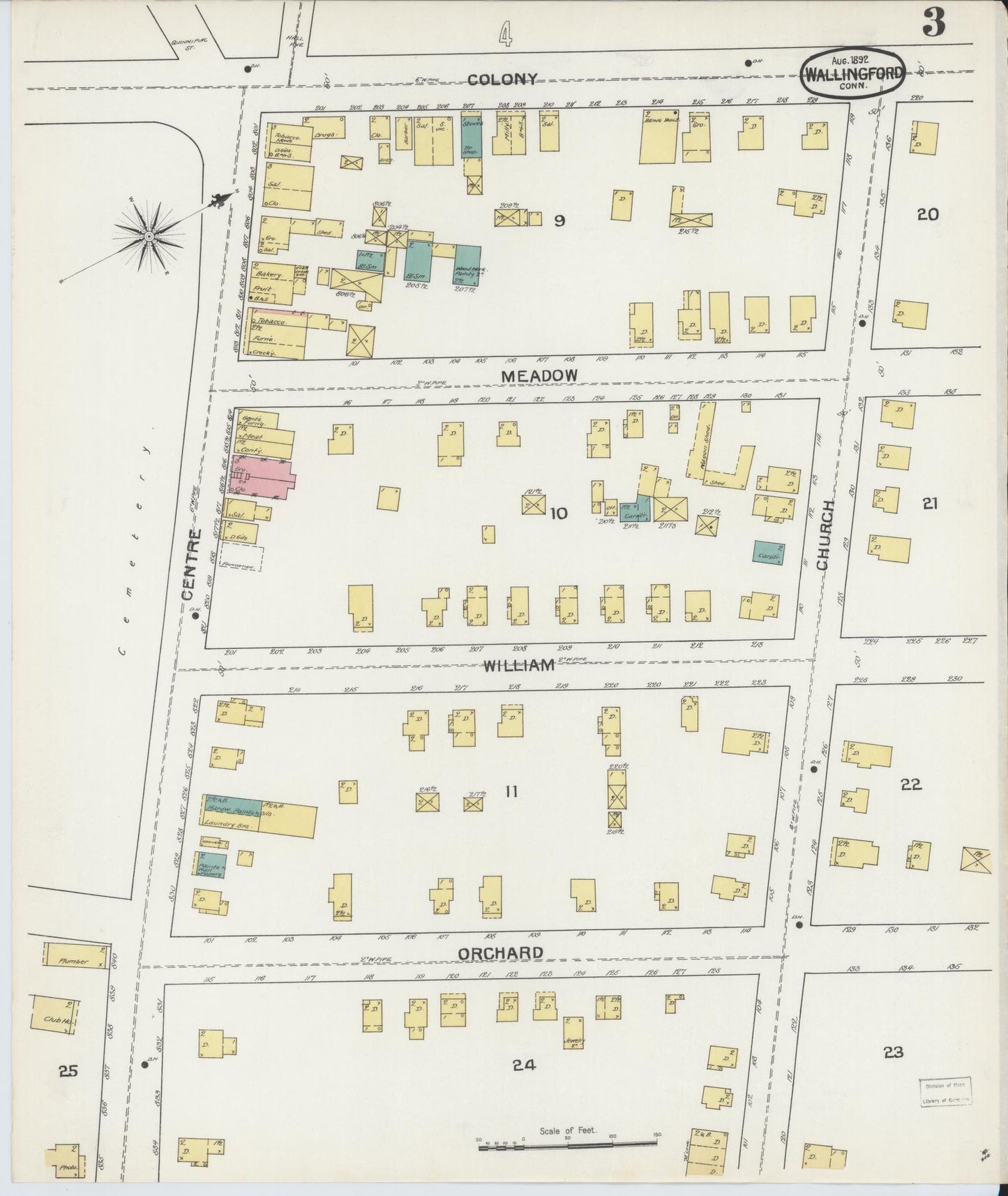 Sanborn Fire Insurance Map from Wallingford, New Haven County, Connecticut (1892), Sheet #0003 - Historic Sanborn Fire Insurance Map Print, vintage old map wall art, antique decor, genealogy gift, Connecticut Connecticut map