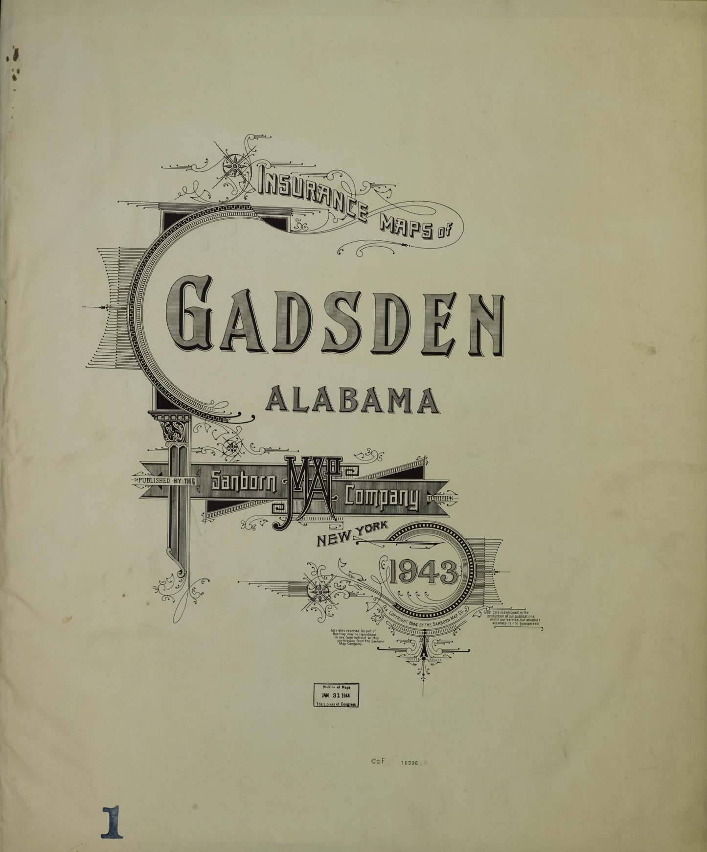 Sanborn Fire Insurance Map from Gadsden, Etowah County, Alabama (1943), Sheet #0001 - Historic Sanborn Fire Insurance Map Print, vintage old map wall art, antique decor, genealogy gift, Alabama Alabama map