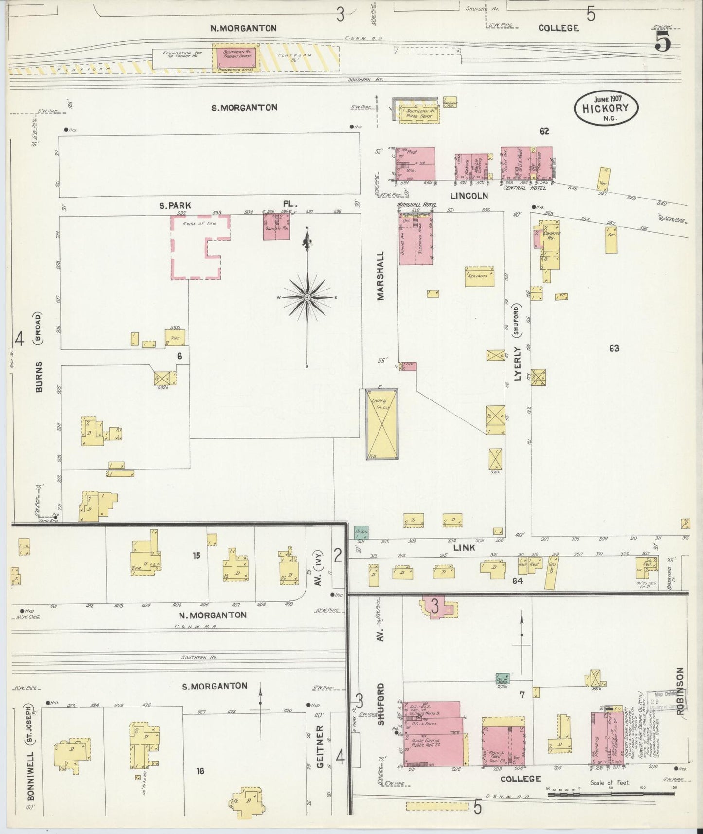 Sanborn Fire Insurance Map from Hickory, Catawba County, North Carolina (1907), Sheet #0005 - Historic Sanborn Fire Insurance Map Print, vintage old map wall art, antique decor, genealogy gift, North Carolina North Carolina map