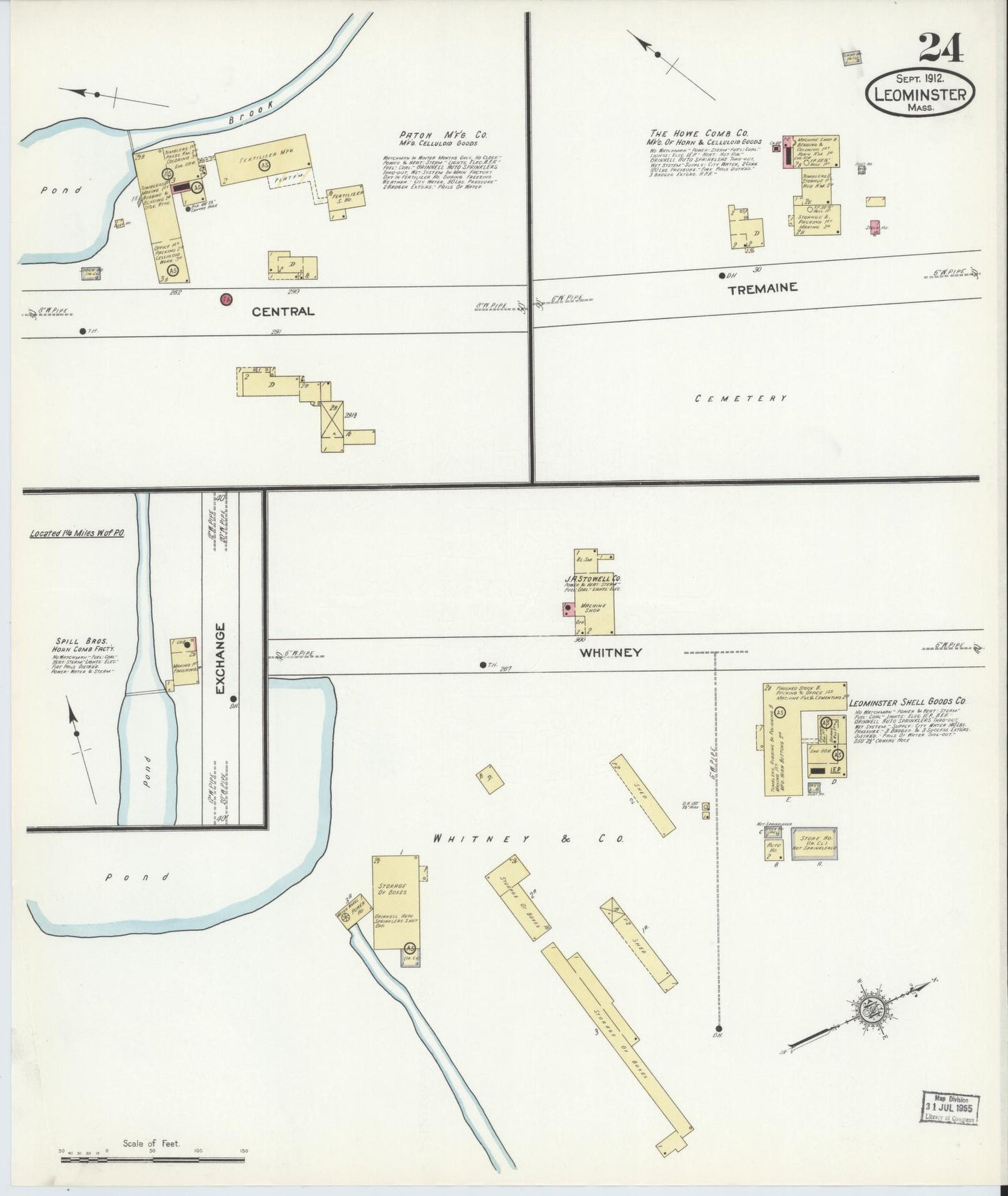 Sanborn Fire Insurance Map from Leominster, Worcester County, Massachusetts (1912), Sheet #0024 - Historic Sanborn Fire Insurance Map Print, vintage old map wall art, antique decor, genealogy gift, Massachusetts Massachusetts map