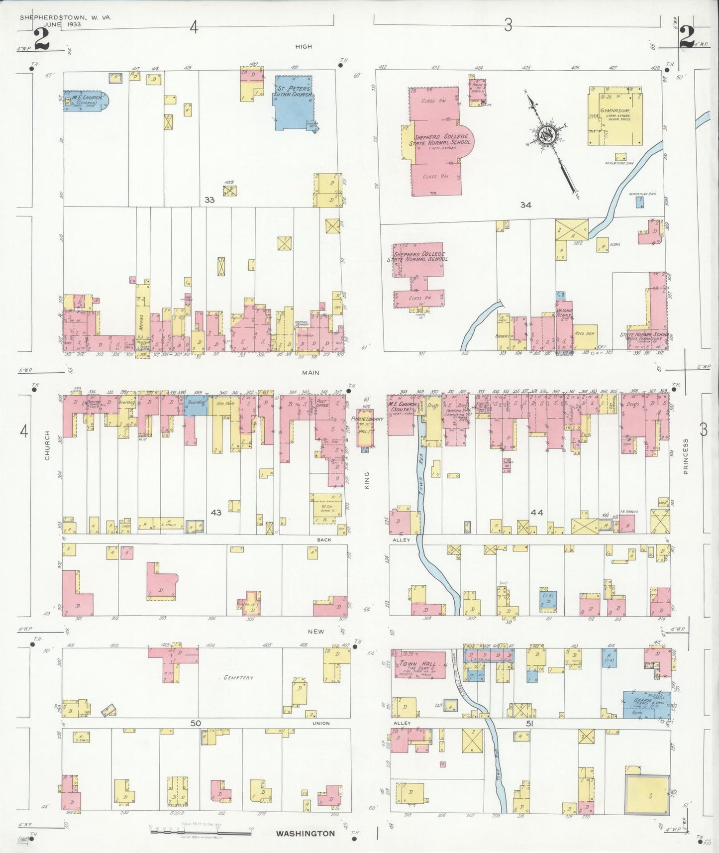 Sanborn Fire Insurance Map from Shepherdstown, Jefferson County, West Virginia (1933), Sheet #0002 - Historic Sanborn Fire Insurance Map Print, vintage old map wall art, antique decor, genealogy gift, West Virginia West Virginia map