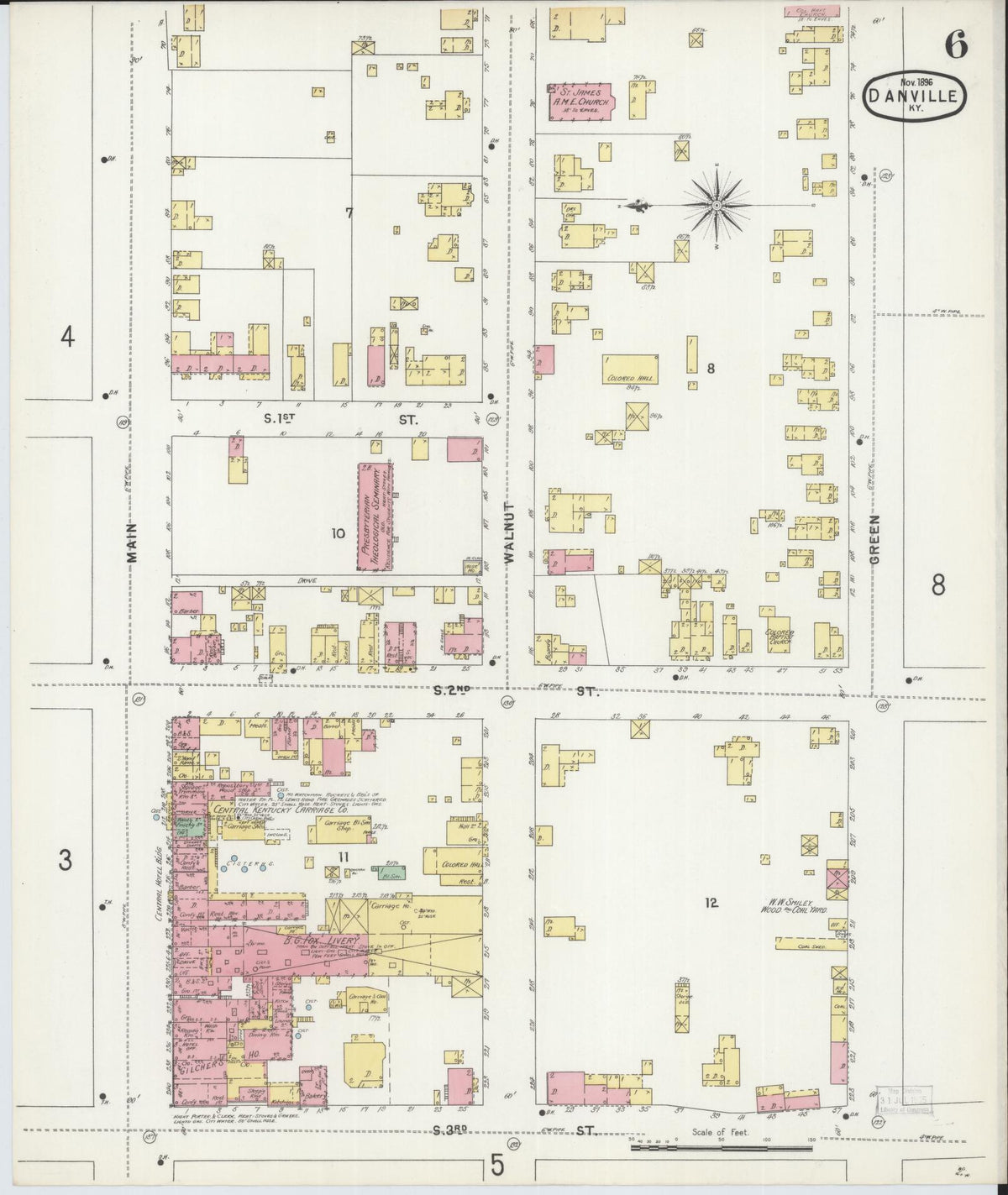 Sanborn Fire Insurance Map from Danville, Boyle County, Kentucky (1896), Sheet #0006 - Historic Sanborn Fire Insurance Map Print, vintage old map wall art, antique decor, genealogy gift, Kentucky Kentucky map