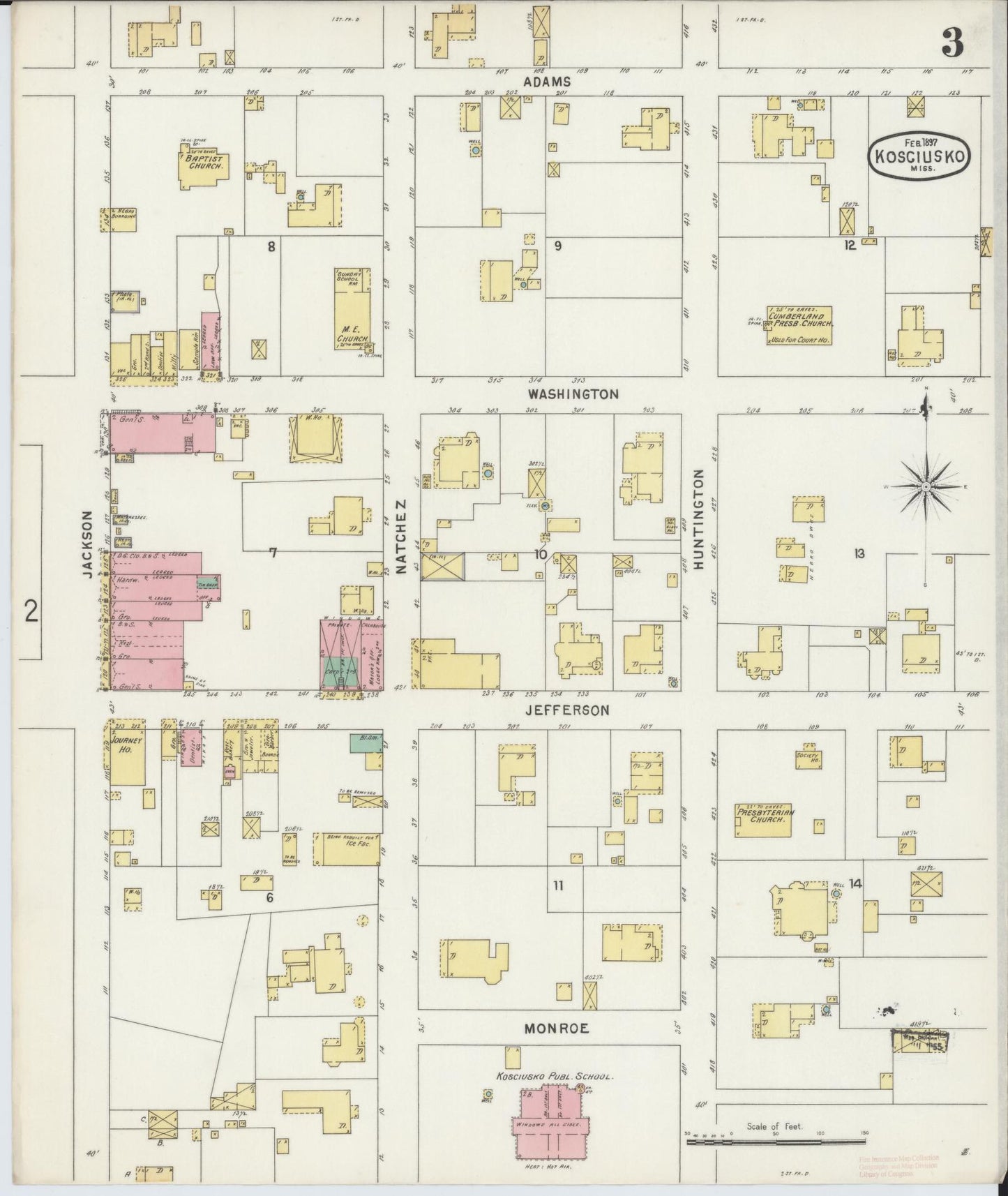 Sanborn Fire Insurance Map from Kosciusko, Attala County, Mississippi (1897), Sheet #0003 - Complete Map Set gallery image, historic Sanborn map, vintage wall art, Mississippi Mississippi