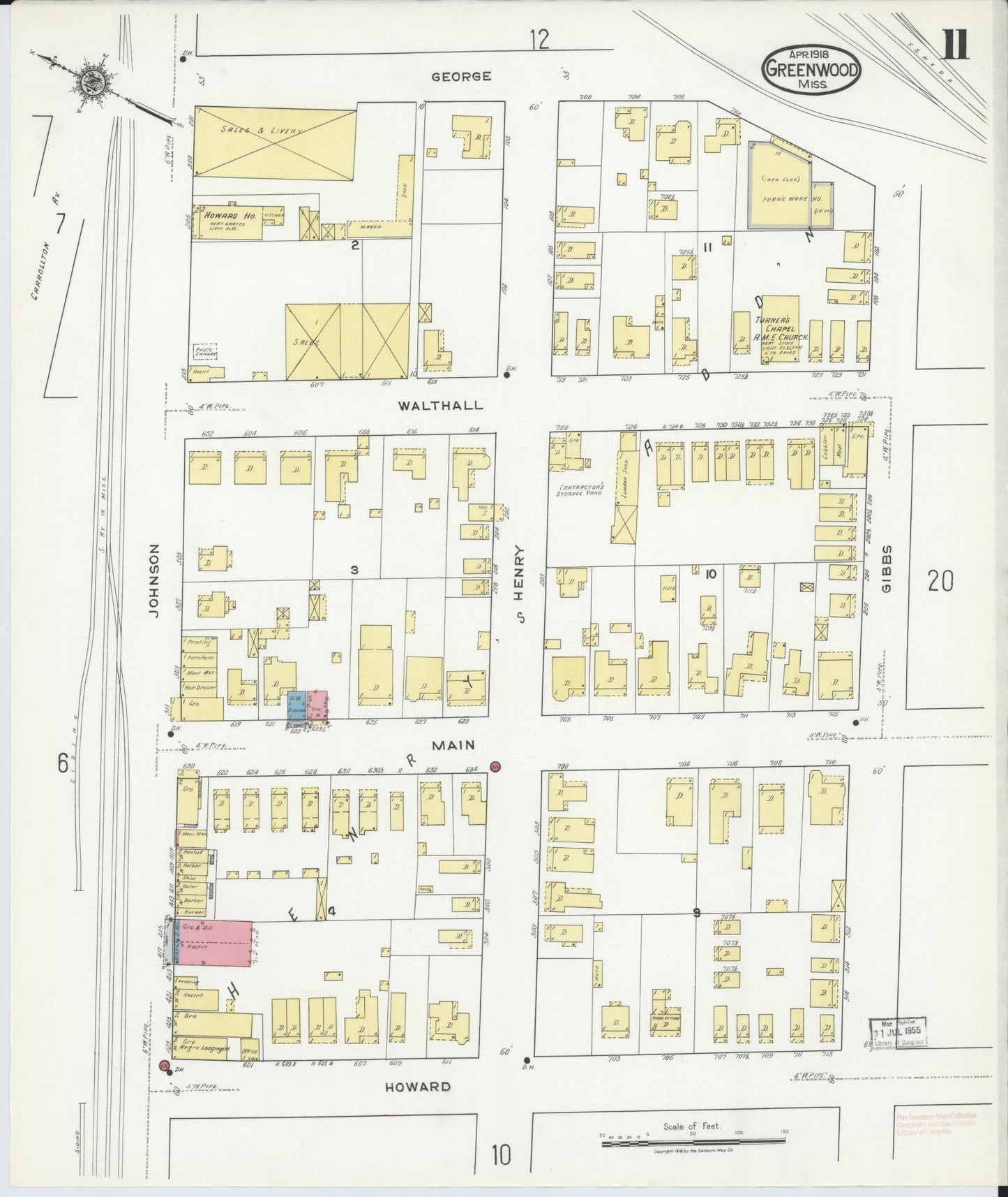Sanborn Fire Insurance Map from Greenwood, Leflore County, Mississippi (1918), Sheet #0011 - Historic Sanborn Fire Insurance Map Print, vintage old map wall art, antique decor, genealogy gift, Mississippi Mississippi map
