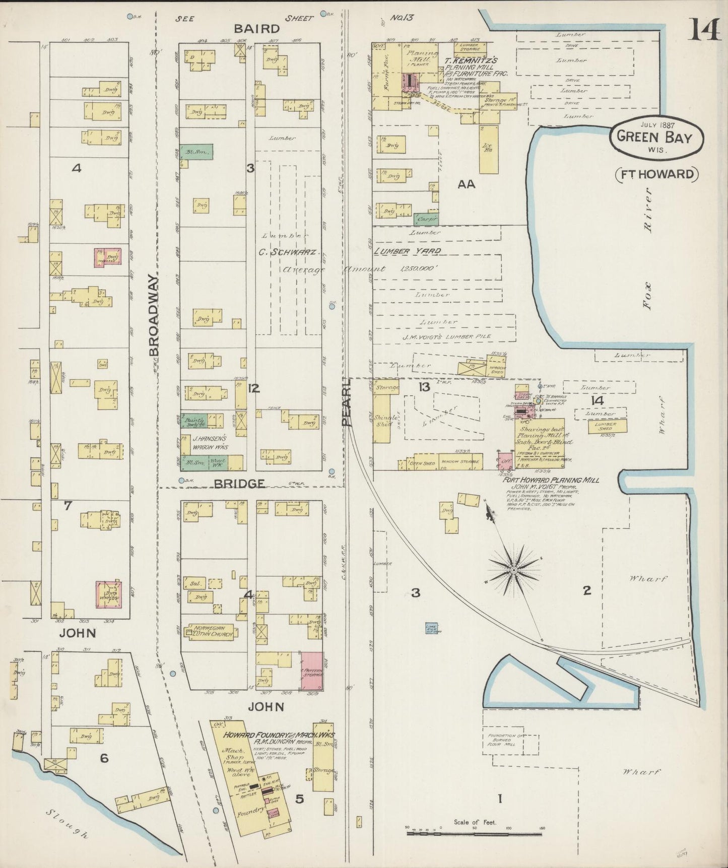 Sanborn Fire Insurance Map from Green Bay, Brown County, Wisconsin (1887), Sheet #0014 - Historic Sanborn Fire Insurance Map Print, vintage old map wall art, antique decor, genealogy gift, Wisconsin Wisconsin map