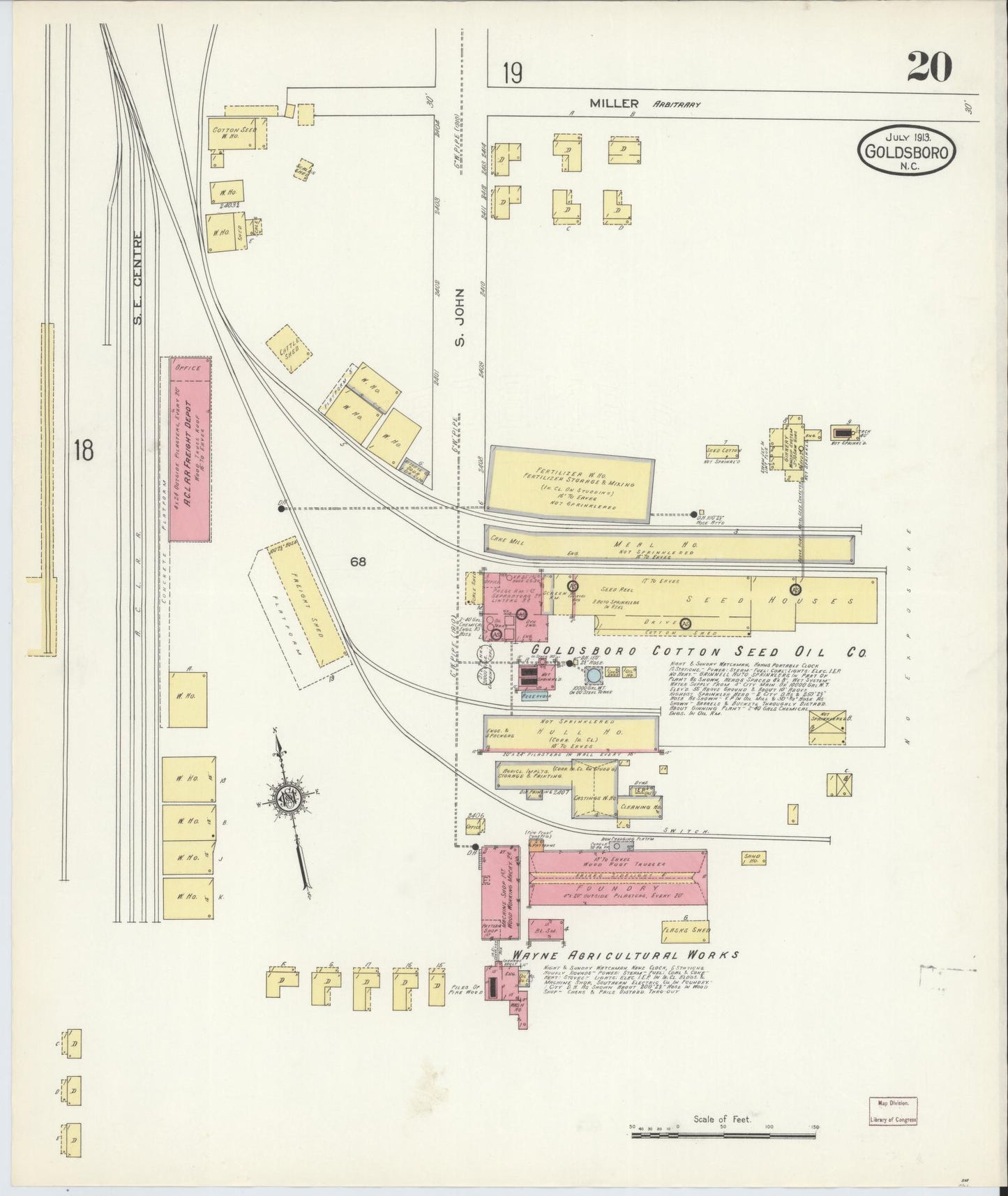 Sanborn Fire Insurance Map from Goldsboro, Wayne County, North Carolina (1913), Sheet #0020 - Historic Sanborn Fire Insurance Map Print, vintage old map wall art, antique decor, genealogy gift, North Carolina North Carolina map