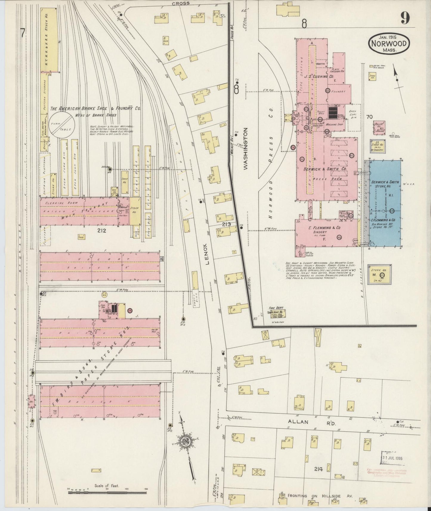 Sanborn Fire Insurance Map from Norwood, Norfolk County, Massachusetts (1915), Sheet #0009 - Historic Sanborn Fire Insurance Map Print, vintage old map wall art, antique decor, genealogy gift, Massachusetts Massachusetts map