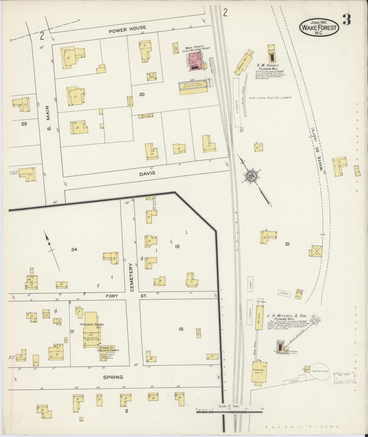 Sanborn Fire Insurance Map from Wake Forest, Wake County, North Carolina (1915), Sheet #0003 - Historic Sanborn Fire Insurance Map Print, vintage old map wall art, antique decor, genealogy gift, North Carolina North Carolina map