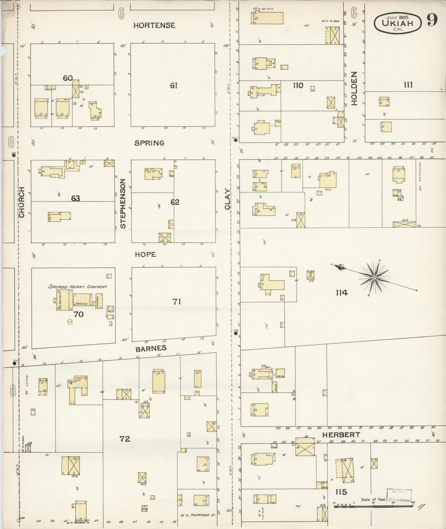 Sanborn Fire Insurance Map from Ukiah, Mendocino County, California (1893), Sheet #0009 - Complete Map Set gallery image, historic Sanborn map, vintage wall art, California California