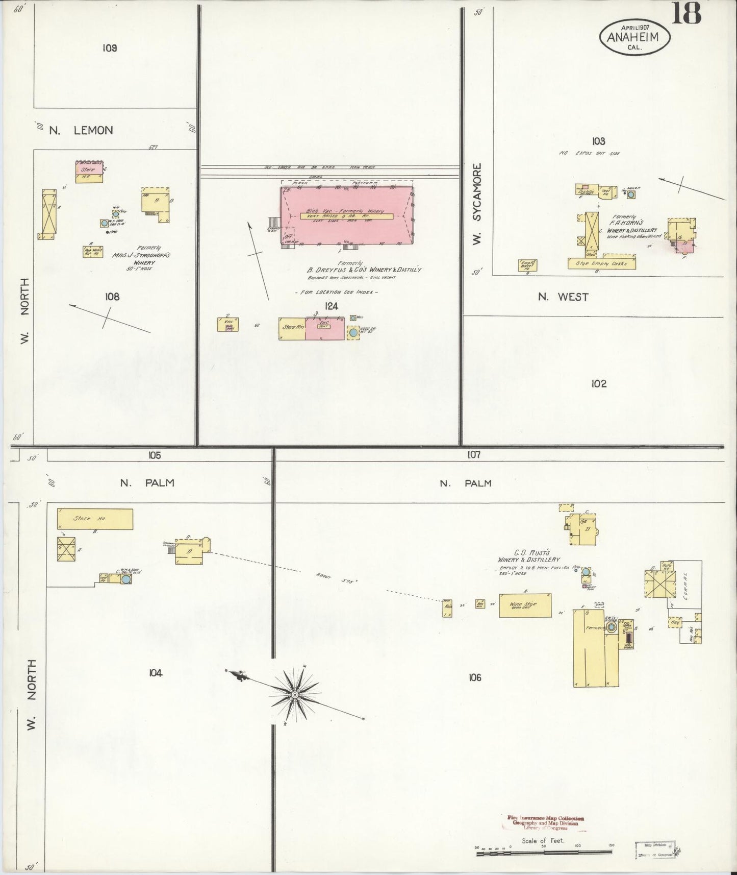 Sanborn Fire Insurance Map from Anaheim, Orange County, California (1907), Sheet #0018 - Historic Sanborn Fire Insurance Map Print, vintage old map wall art, antique decor, genealogy gift, California California map