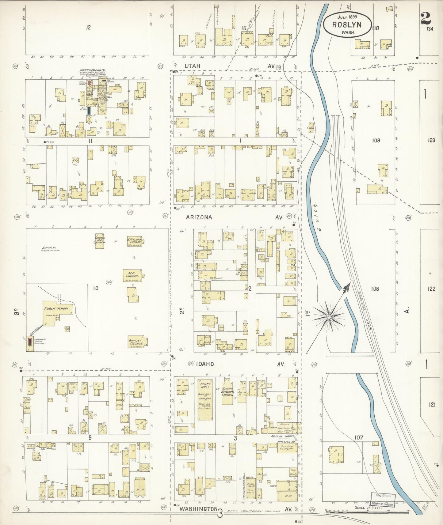 Sanborn Fire Insurance Map from Roslyn, Kittitas County, Washington (1899), Sheet #0002 - Historic Sanborn Fire Insurance Map Print, vintage old map wall art, antique decor, genealogy gift, Washington Washington map