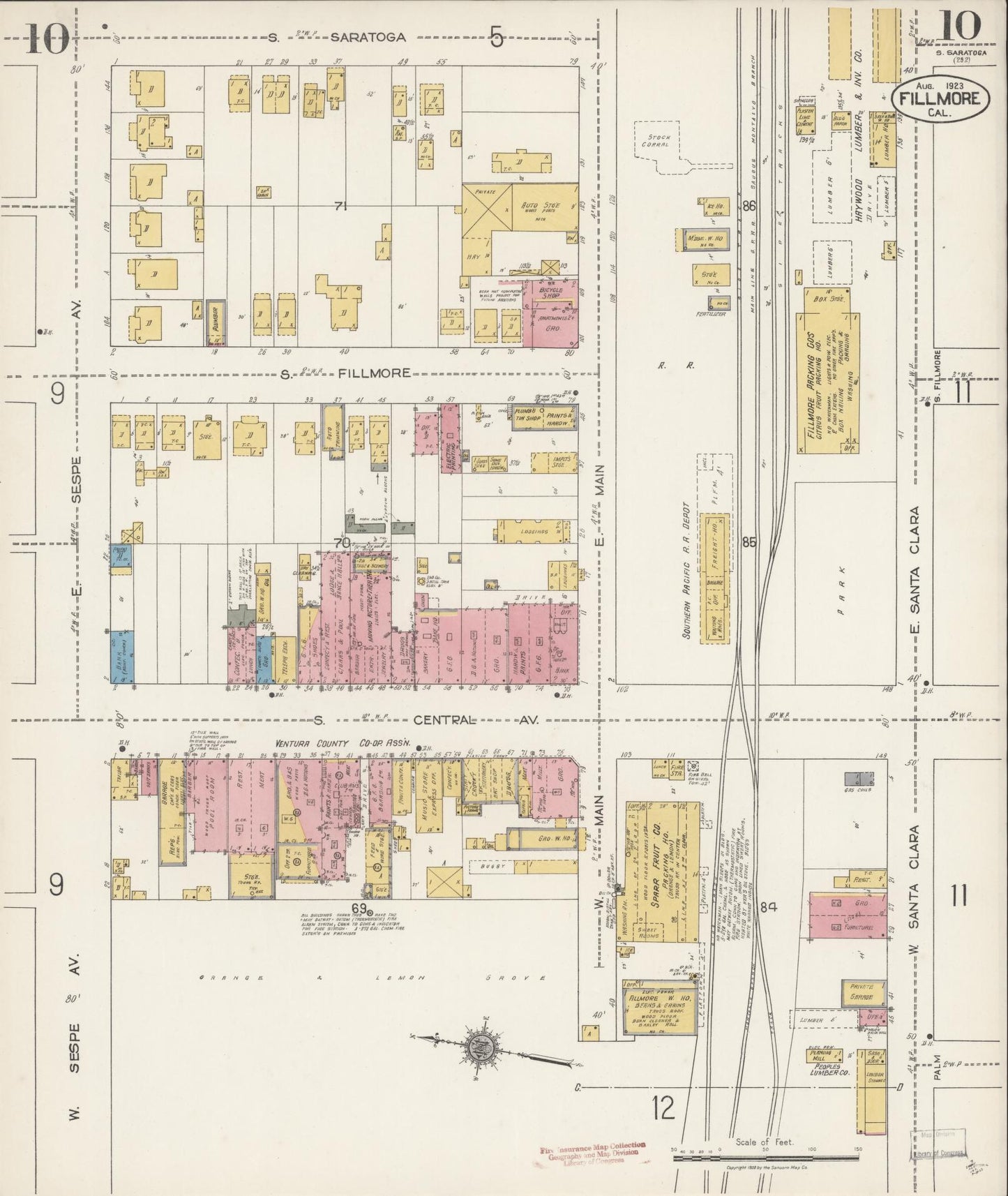 Sanborn Fire Insurance Map from Fillmore, Ventura County, California (1923), Sheet #0010 - Historic Sanborn Fire Insurance Map Print, vintage old map wall art, antique decor, genealogy gift, California California map