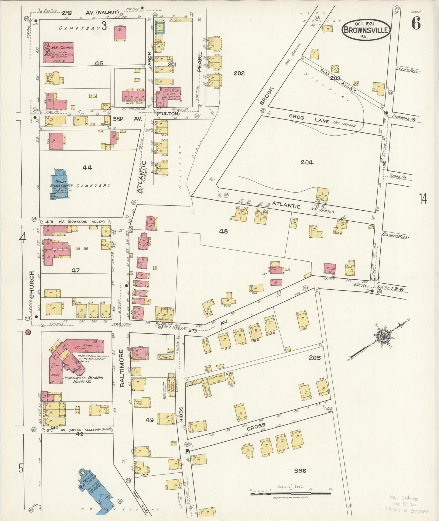 Sanborn Fire Insurance Map from Brownsville, Fayette County, Pennsylvania (1921), Sheet #0006 - Historic Sanborn Fire Insurance Map Print, vintage old map wall art, antique decor, genealogy gift, Pennsylvania Pennsylvania map