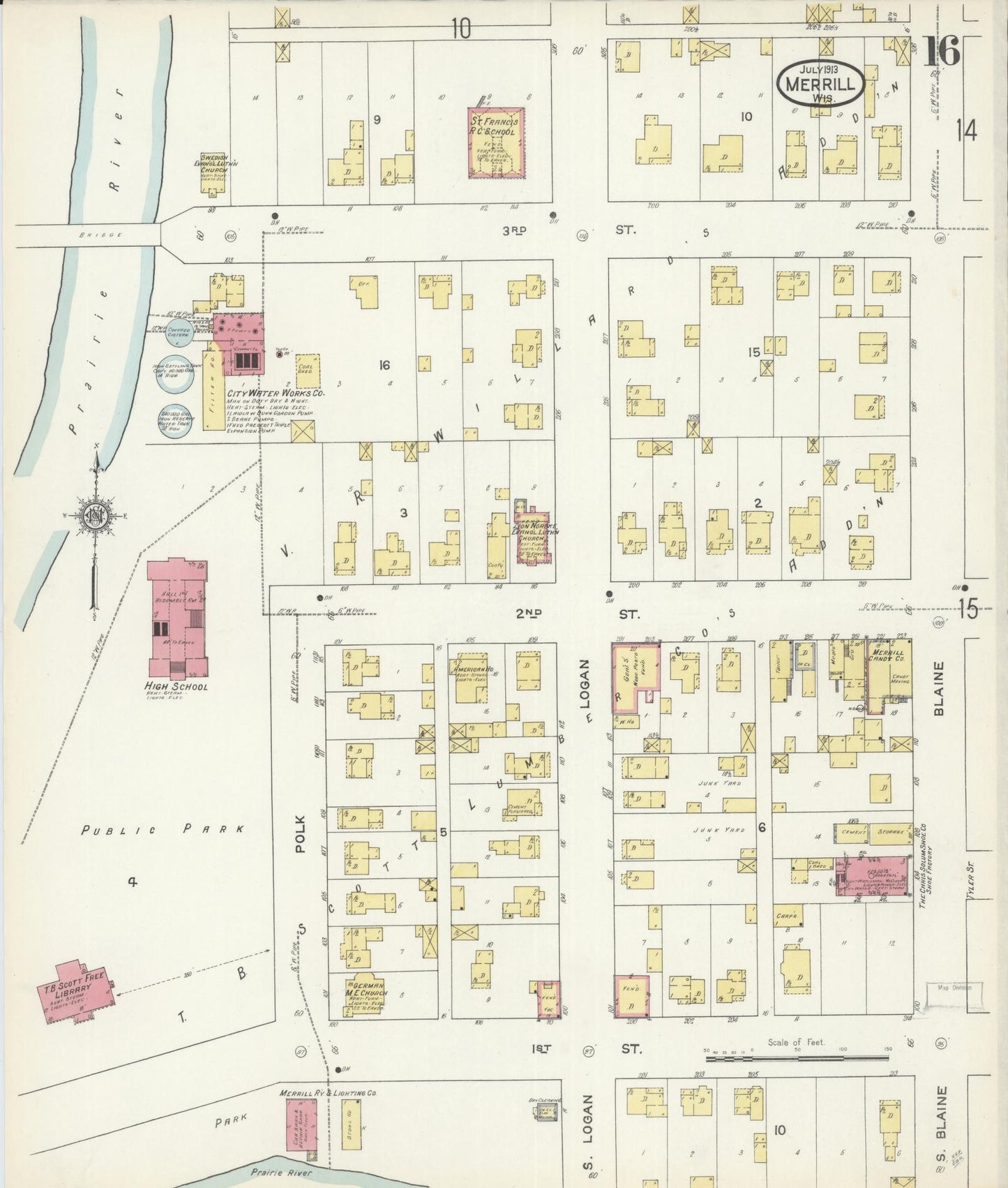 Sanborn Fire Insurance Map from Merrill, Lincoln County, Wisconsin (1913), Sheet #0016 - Historic Sanborn Fire Insurance Map Print, vintage old map wall art, antique decor, genealogy gift, Wisconsin Wisconsin map