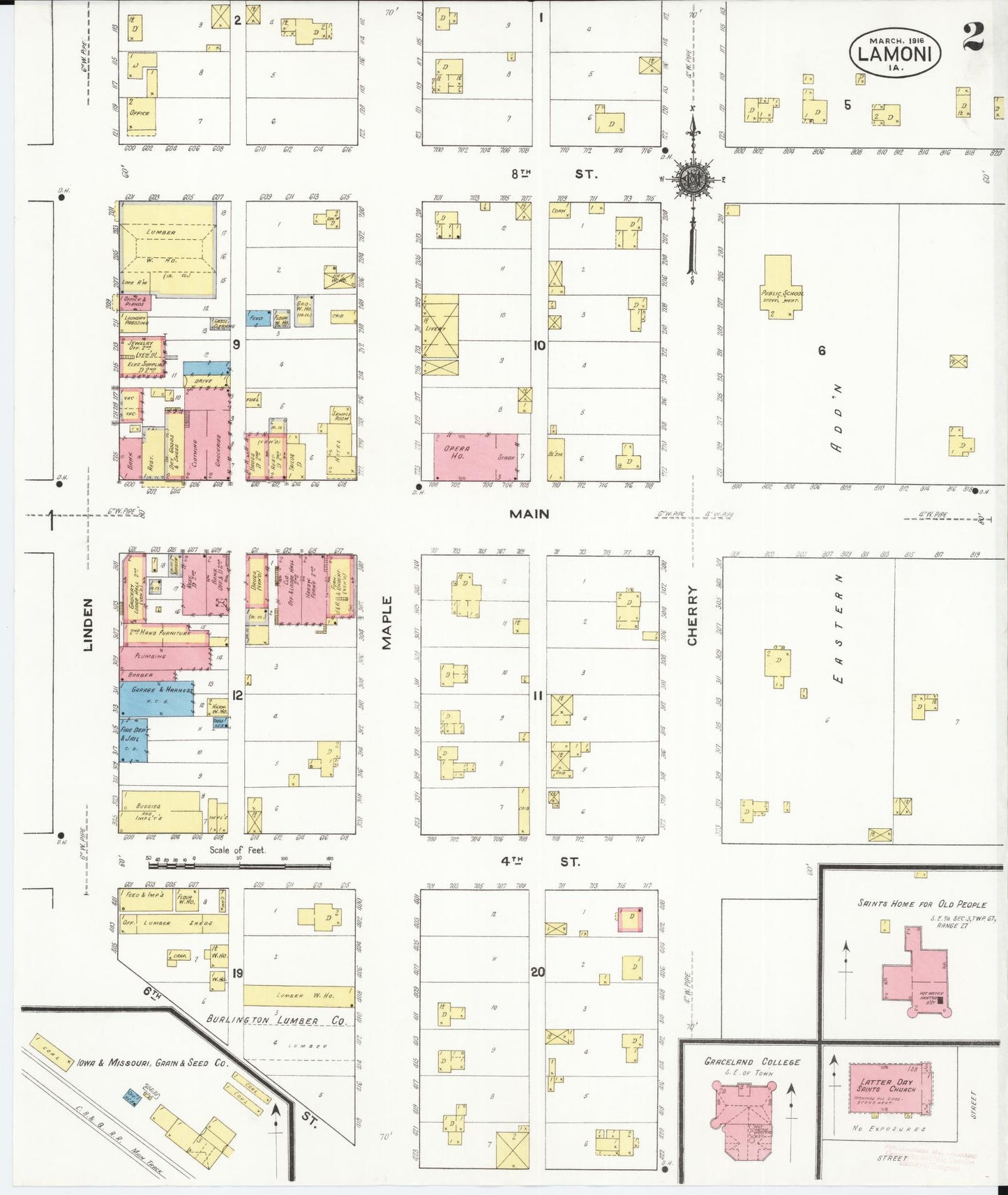 Sanborn Fire Insurance Map from Lamoni, Decatur County, Iowa (1916), Sheet #0002 - Historic Sanborn Fire Insurance Map Print, vintage old map wall art
