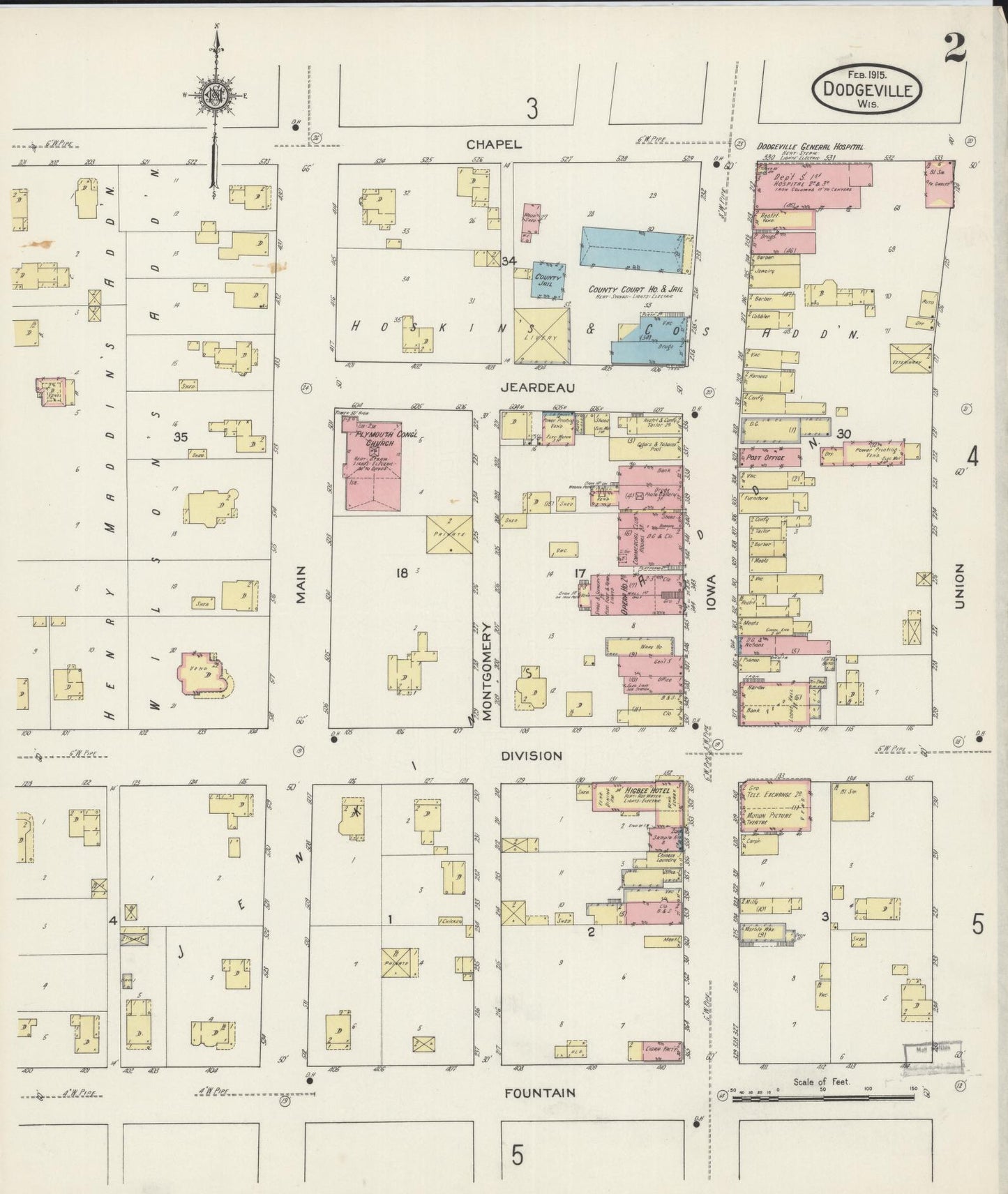 Sanborn Fire Insurance Map from Dodgeville, Iowa County, Wisconsin (1915), Sheet #0002 - Historic Sanborn Fire Insurance Map Print, vintage old map wall art, antique decor, genealogy gift, Wisconsin Wisconsin map