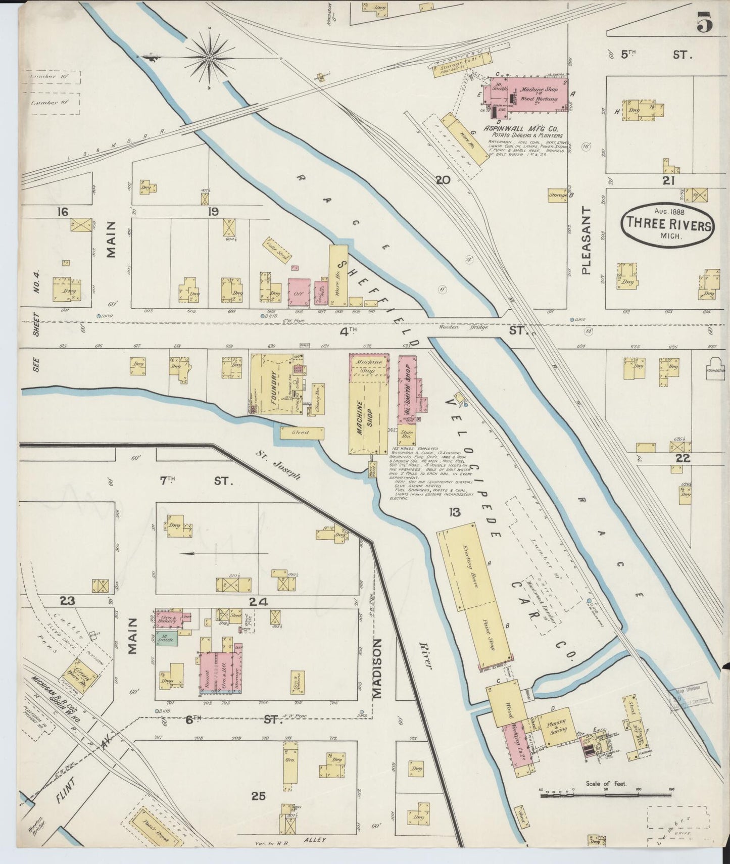 Sanborn Fire Insurance Map from Three Rivers, Saint Joseph County, Michigan (1888), Sheet #0005 - Complete Map Set gallery image, historic Sanborn map, vintage wall art, Michigan Michigan