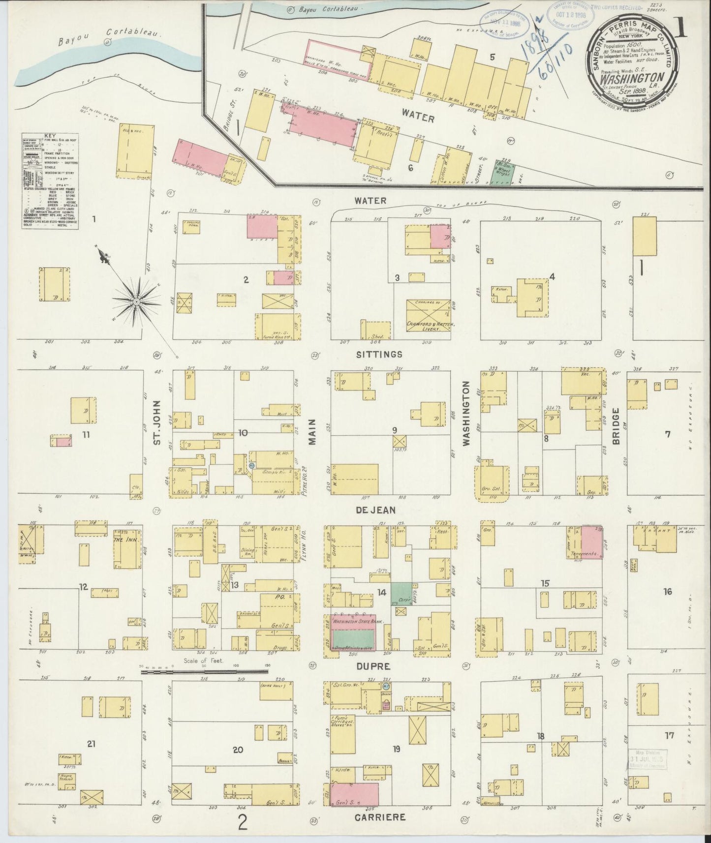 Sanborn Fire Insurance Map from Washington, Saint Landry Parish, Louisiana (1898), Sheet #0001 - Historic Sanborn Fire Insurance Map Print, vintage old map wall art, antique decor, genealogy gift, Washington Washington map