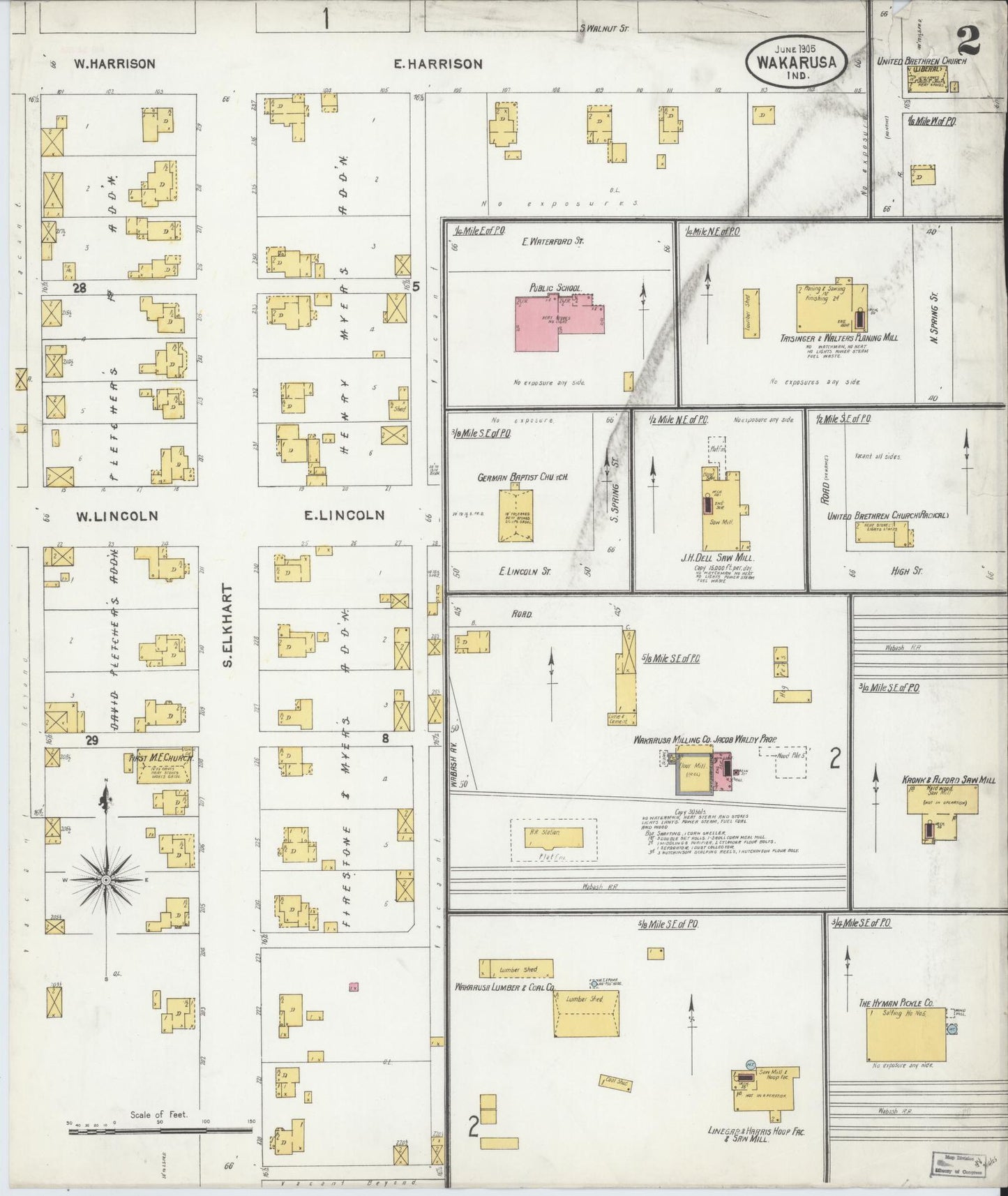 Sanborn Fire Insurance Map from Wakarusa, Elkhart County, Indiana (1905), Sheet #0002 - Complete Map Set gallery image, historic Sanborn map, vintage wall art, Indiana Indiana