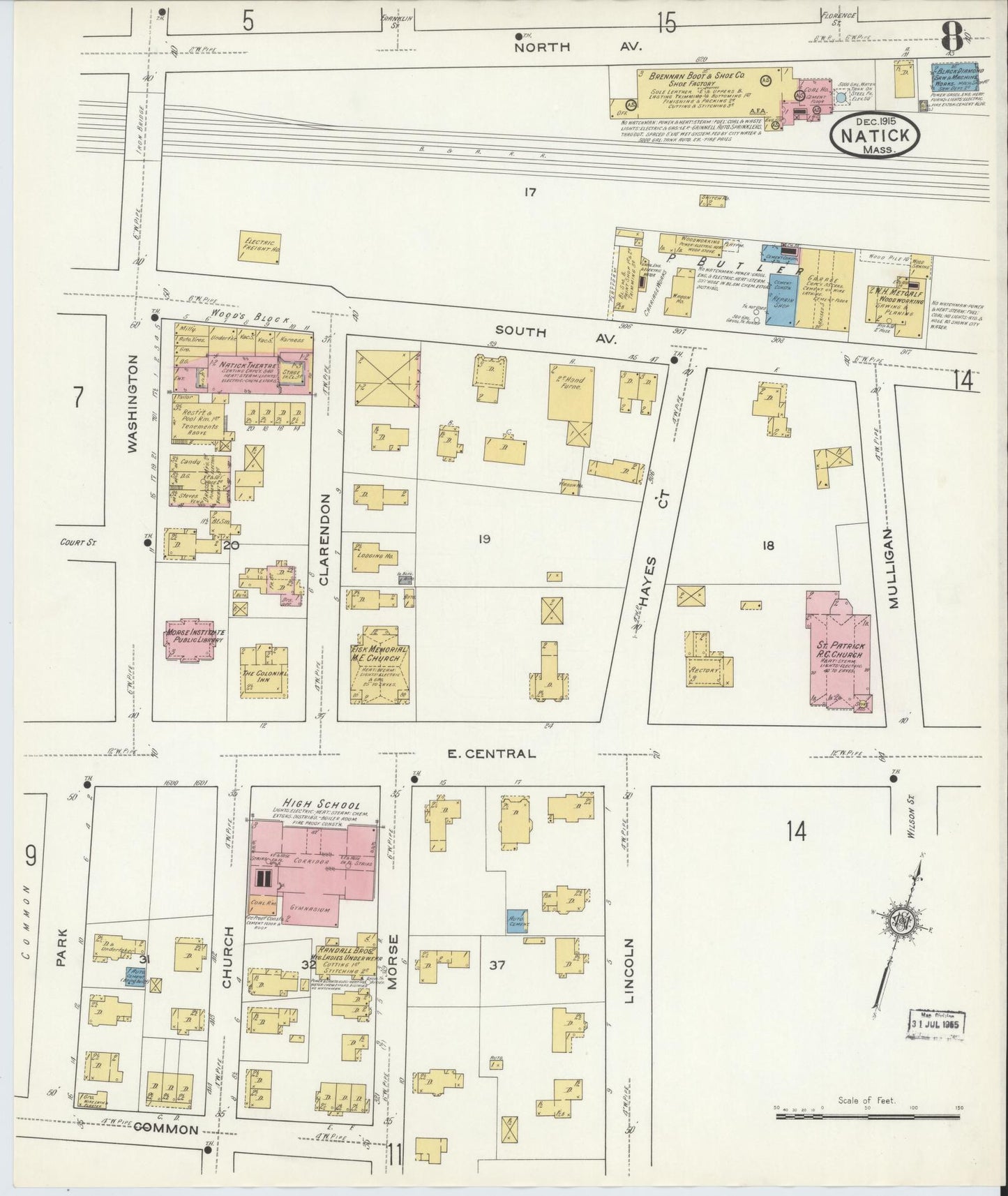 Sanborn Fire Insurance Map from Natick, Middlesex County, Massachusetts (1915), Sheet #0008 - Historic Sanborn Fire Insurance Map Print, vintage old map wall art, antique decor, genealogy gift, Massachusetts Massachusetts map