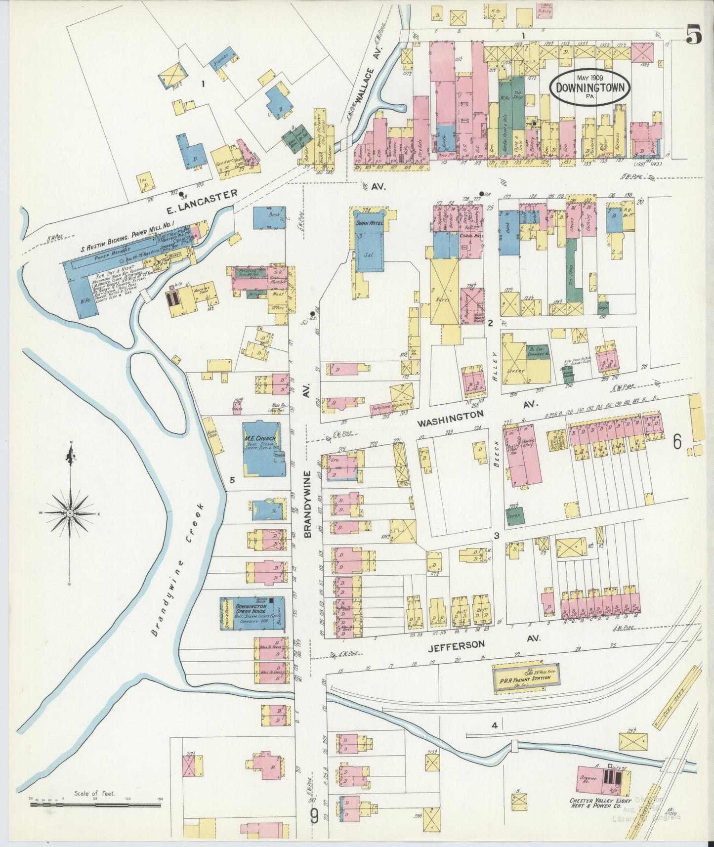 Sanborn Fire Insurance Map from Downingtown, Chester County, Pennsylvania (1909), Sheet #0005 - Historic Sanborn Fire Insurance Map Print, vintage old map wall art, antique decor, genealogy gift, Pennsylvania Pennsylvania map