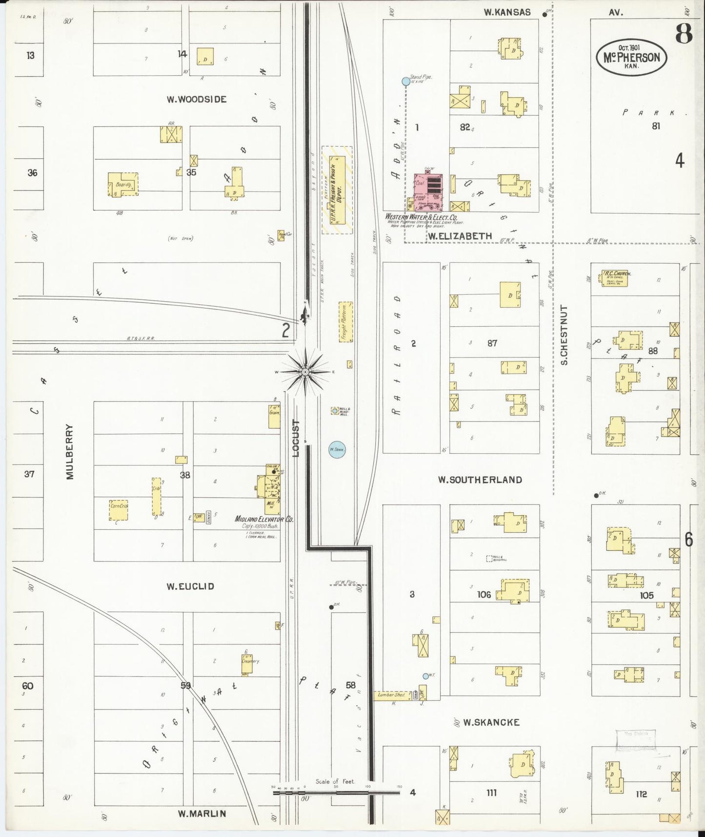 Sanborn Fire Insurance Map from Mcpherson, Mcpherson County, Kansas (1901), Sheet #0008 - Historic Sanborn Fire Insurance Map Print, vintage old map wall art, antique decor, genealogy gift, Kansas Kansas map