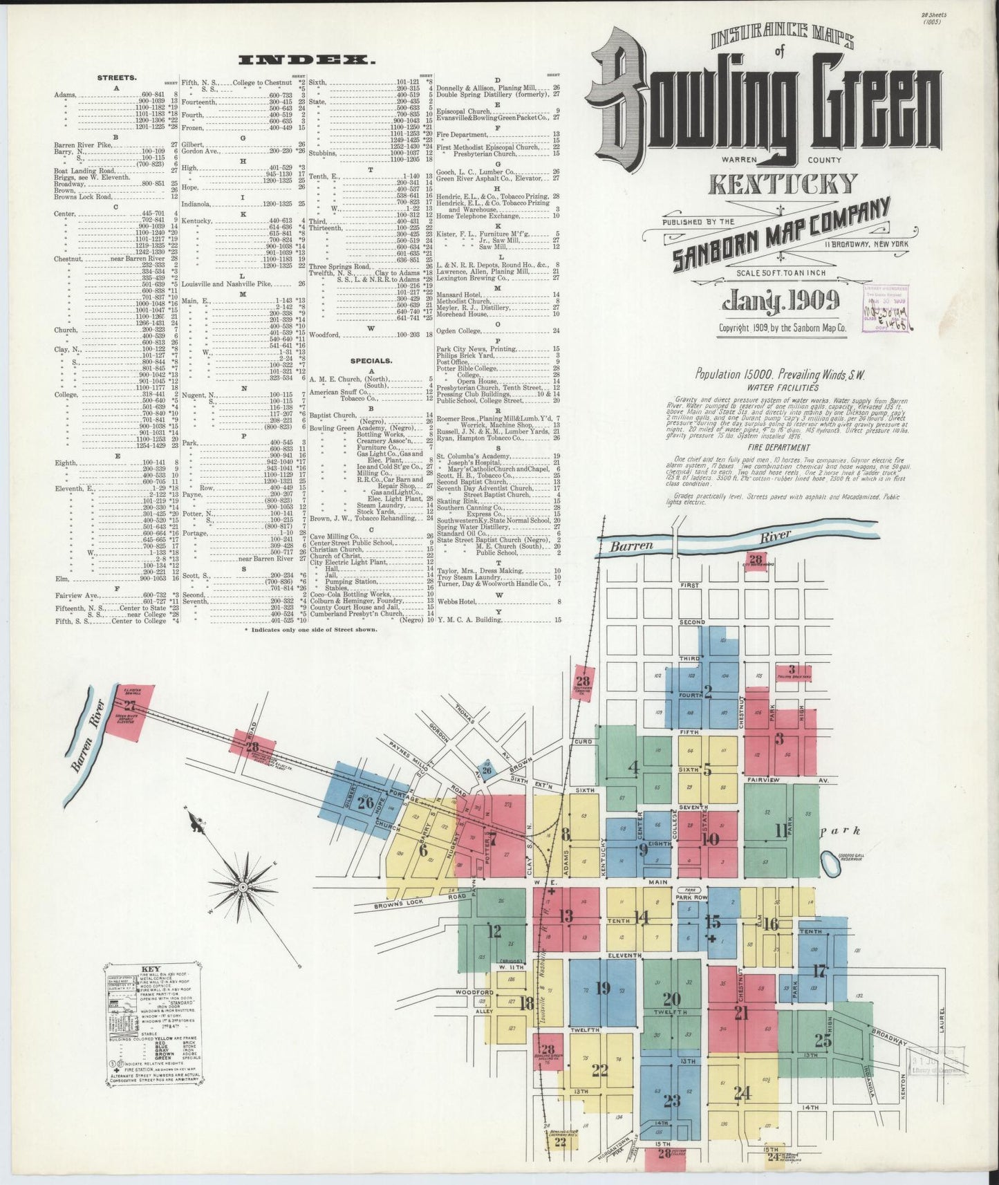 Sanborn Fire Insurance Map from Bowling Green, Warren County, Kentucky (1909), Sheet #0001 - Historic Sanborn Fire Insurance Map Print, vintage old map wall art, antique decor, genealogy gift, Kentucky Kentucky map