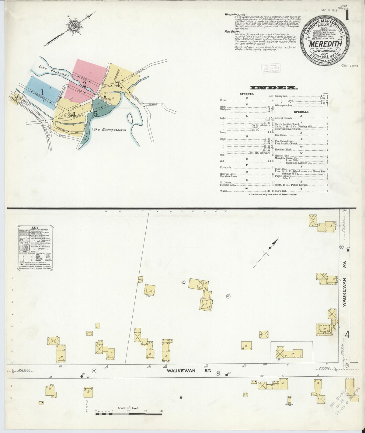 Sanborn Fire Insurance Map from Meredith, Belknap County, New Hampshire (1912), Sheet #0001 - Historic Sanborn Fire Insurance Map Print, vintage old map wall art, antique decor, genealogy gift, New Hampshire New Hampshire map
