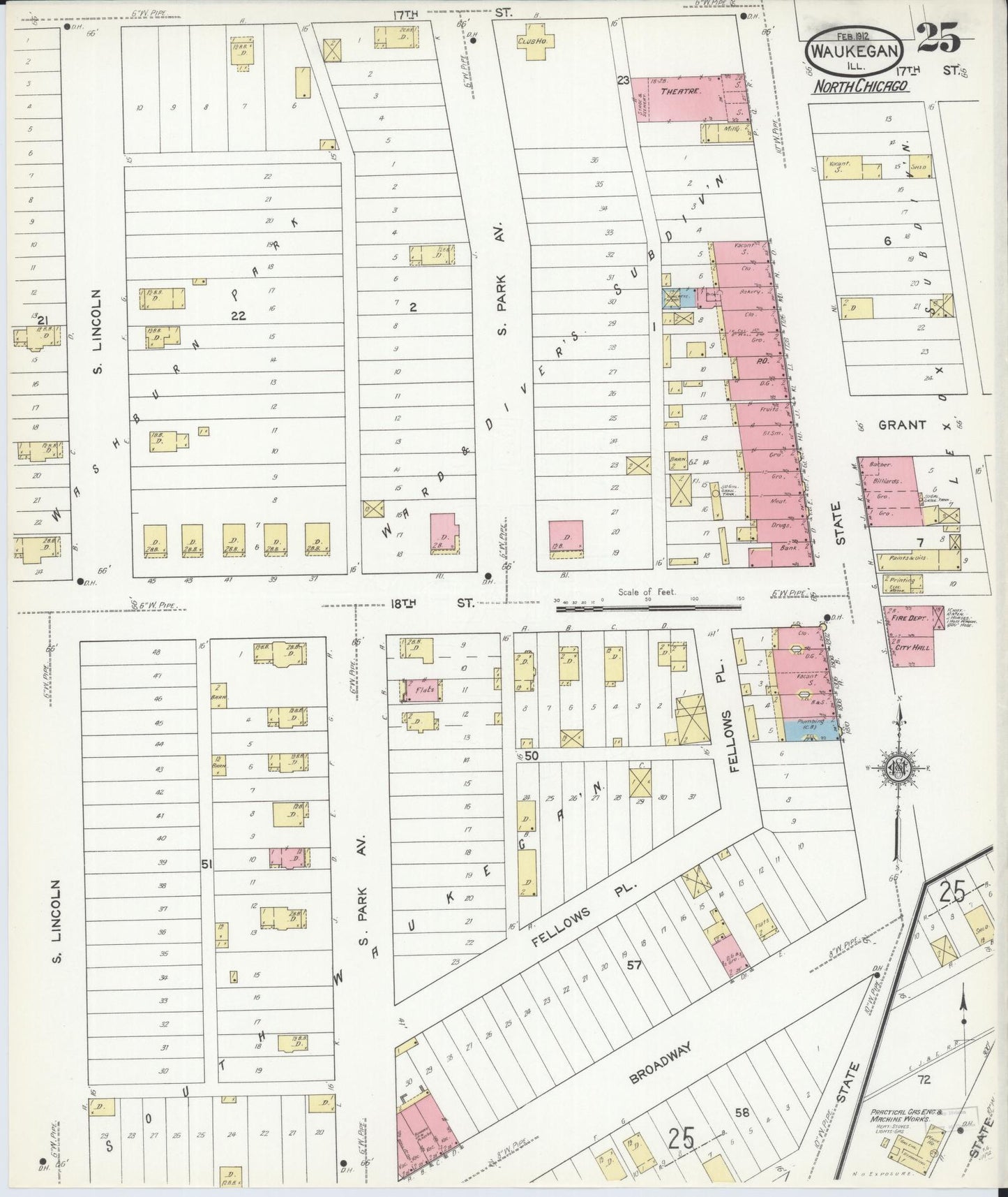 Sanborn Fire Insurance Map from Waukegan, Lake County, Illinois. (1912), Sheet 25 – Historic Sanborn Fire Insurance Map Print