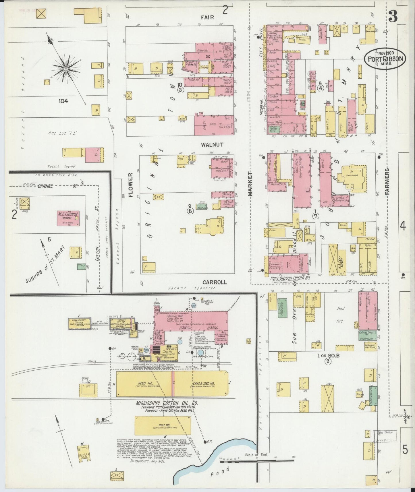 Sanborn Fire Insurance Map from Port Gibson, Claiborne County, Mississippi (1900), Sheet #0003 - Historic Sanborn Fire Insurance Map Print, vintage old map wall art, antique decor, genealogy gift, Mississippi Mississippi map