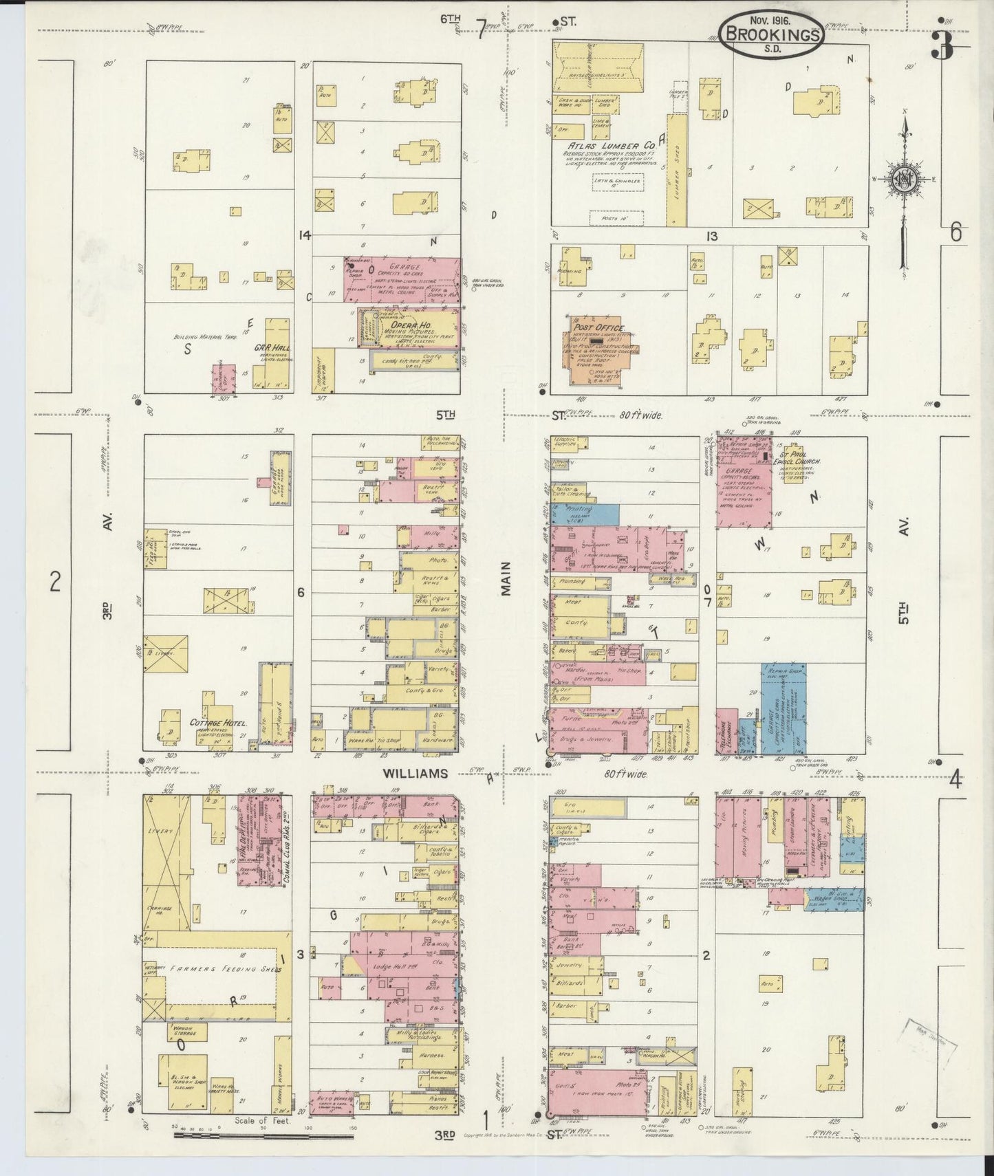 Sanborn Fire Insurance Map from Brookings, Brookings County, South Dakota (1916), Sheet #0003 - Historic Sanborn Fire Insurance Map Print, vintage old map wall art, antique decor, genealogy gift, South Dakota South Dakota map