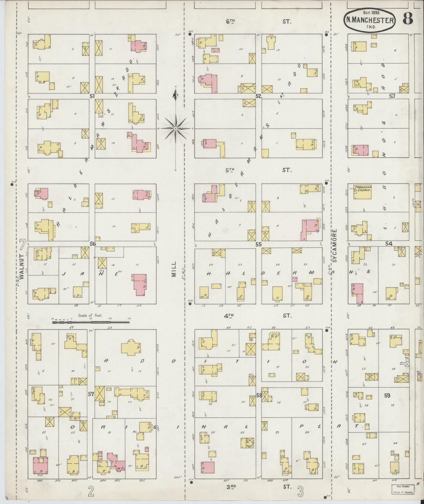 Sanborn Fire Insurance Map from North Manchester, Wabash County, Indiana (1895), Sheet #0008 - Complete Map Set gallery image, historic Sanborn map, vintage wall art, Indiana Indiana