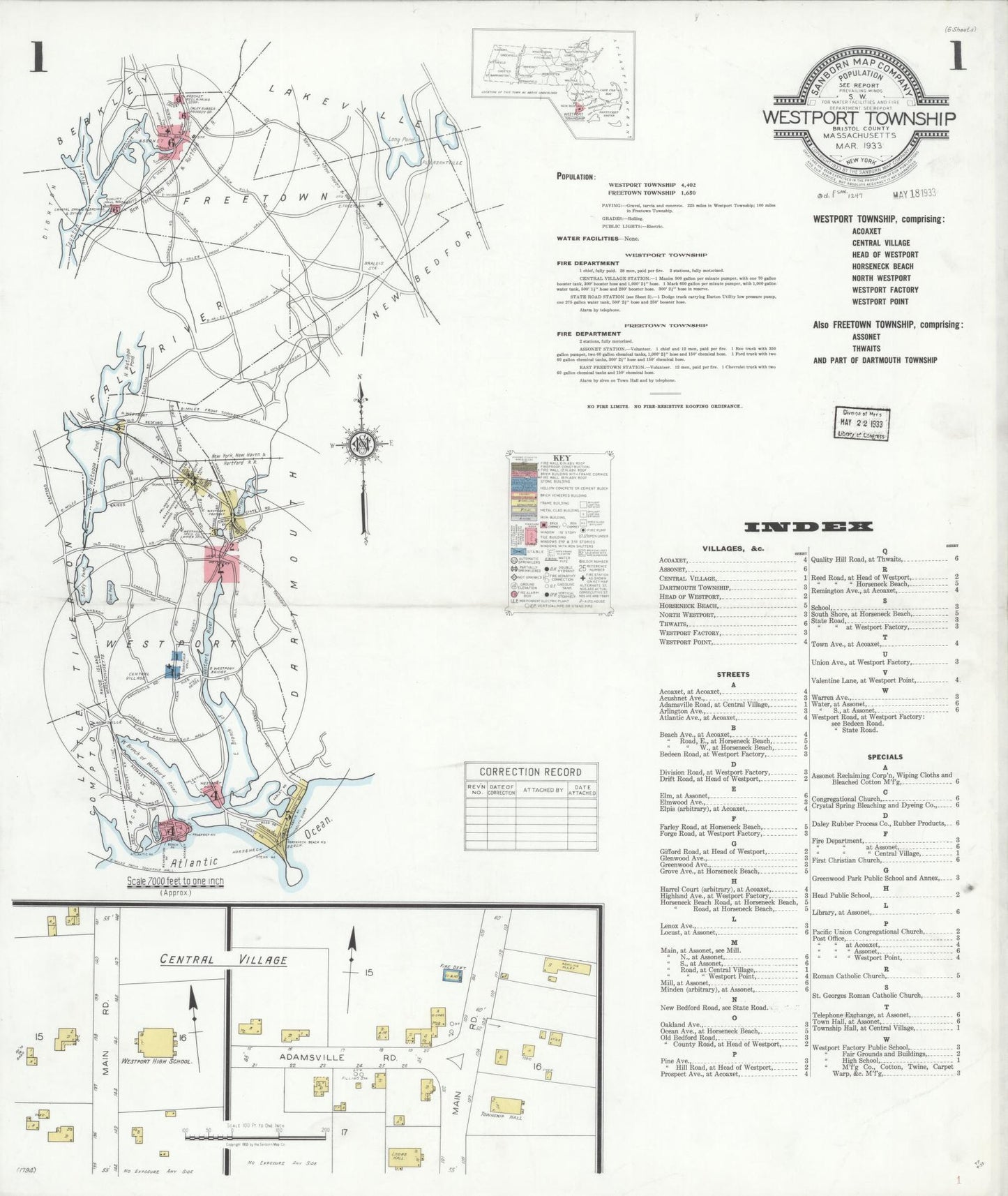 Sanborn Fire Insurance Map from Westport Township, Bristol County, Massachusetts (1933), Sheet #0001 - Historic Sanborn Fire Insurance Map Print, vintage old map wall art, antique decor, genealogy gift, Massachusetts Massachusetts map