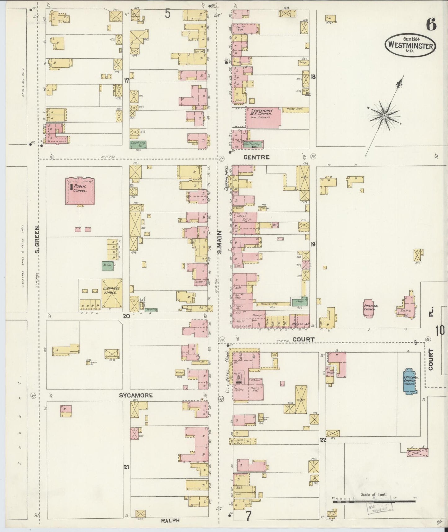 Sanborn Fire Insurance Map from Westminster, Carroll County, Maryland (1904), Sheet #0006 - Historic Sanborn Fire Insurance Map Print, vintage old map wall art