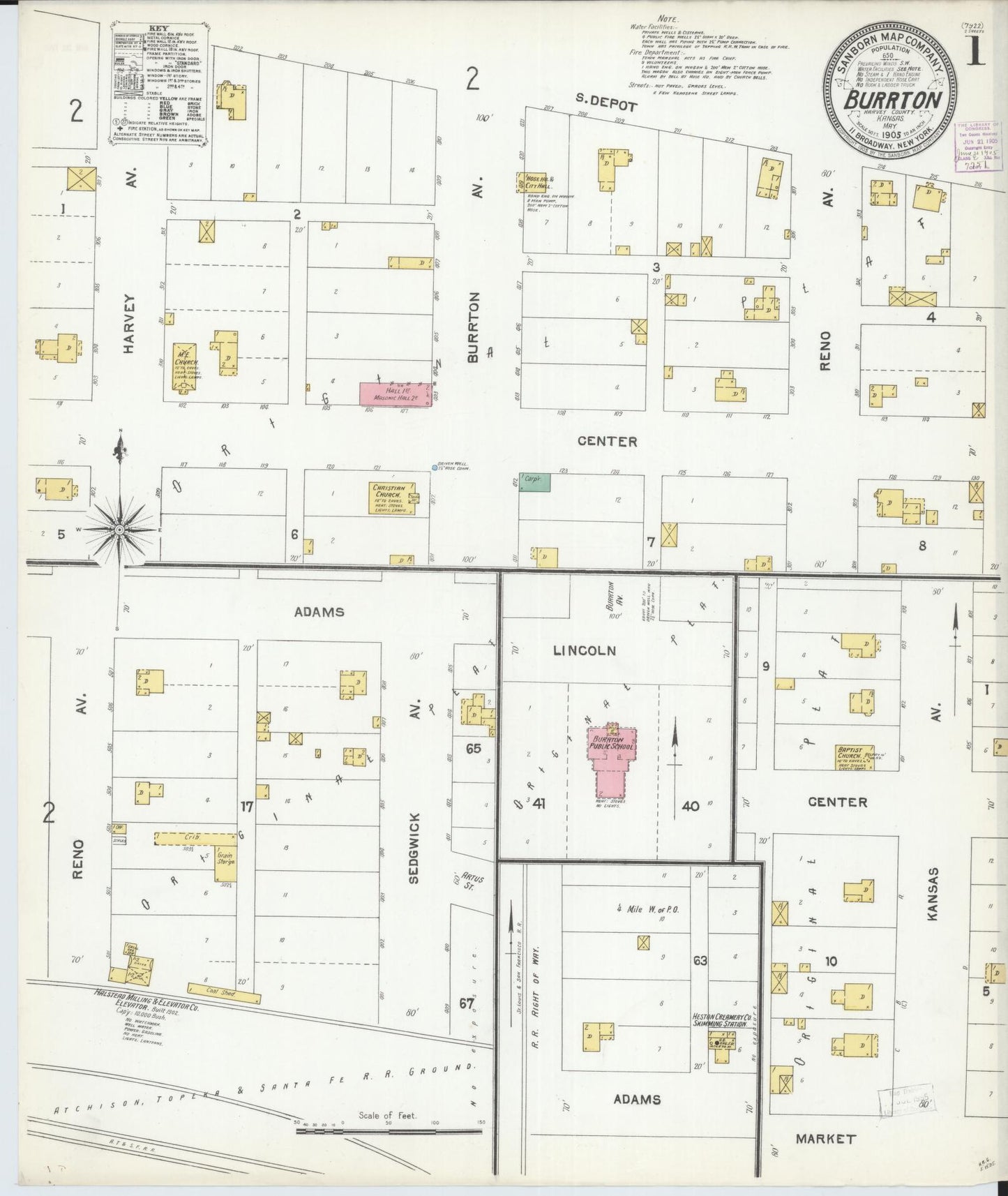 Sanborn Fire Insurance Map from Burrton, Harvey County, Kansas (1905), Sheet #0001 - Historic Sanborn Fire Insurance Map Print, vintage old map wall art, antique decor, genealogy gift, Kansas Kansas map