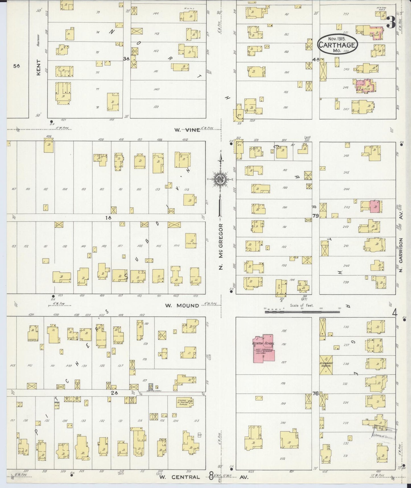 Sanborn Fire Insurance Map from Carthage, Jasper County, Missouri (1915), Sheet #0003 - Historic Sanborn Fire Insurance Map Print, vintage old map wall art, antique decor, genealogy gift, Missouri Missouri map
