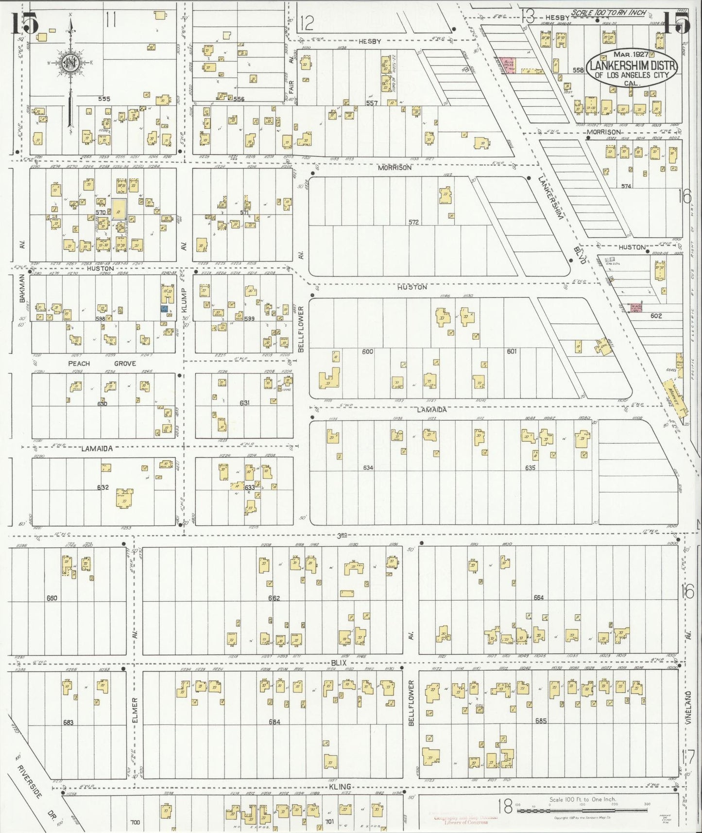 Sanborn Fire Insurance Map from Lankershim, Los Angeles County, California (1927), Sheet #0015 - Historic Sanborn Fire Insurance Map Print, vintage old map wall art, antique decor, genealogy gift, California California map