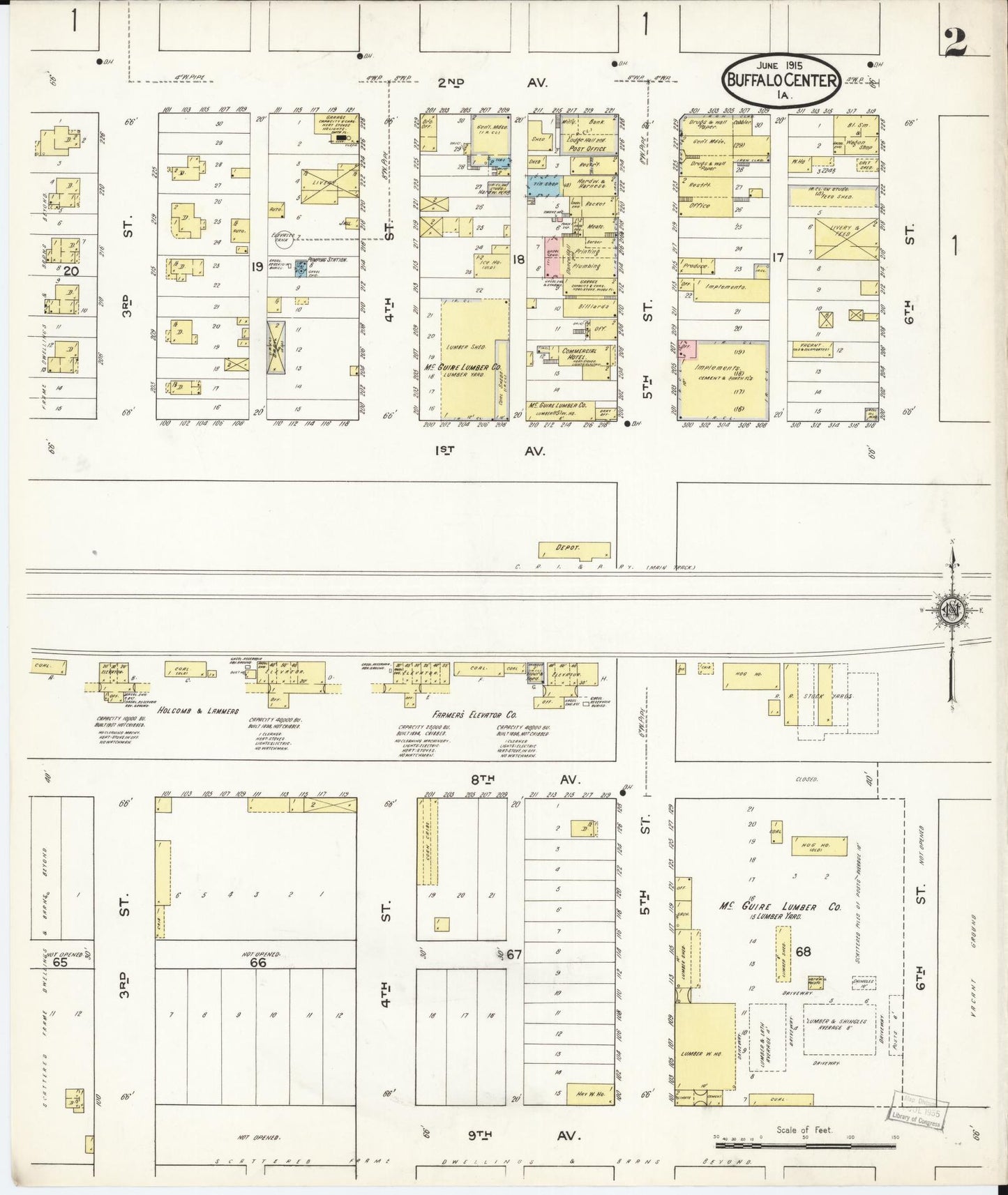 Sanborn Fire Insurance Map from Buffalo Center, Winnebago County, Iowa (1915), Sheet #0002 - Historic Sanborn Fire Insurance Map Print, vintage old map wall art