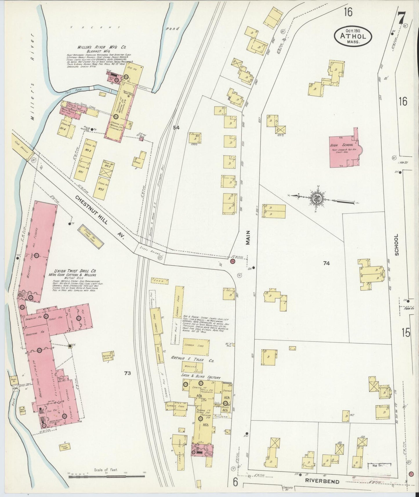 Sanborn Fire Insurance Map from Athol, Worcester County, Massachusetts (1911), Sheet #0007 - Historic Sanborn Fire Insurance Map Print, vintage old map wall art, antique decor, genealogy gift, Massachusetts Massachusetts map
